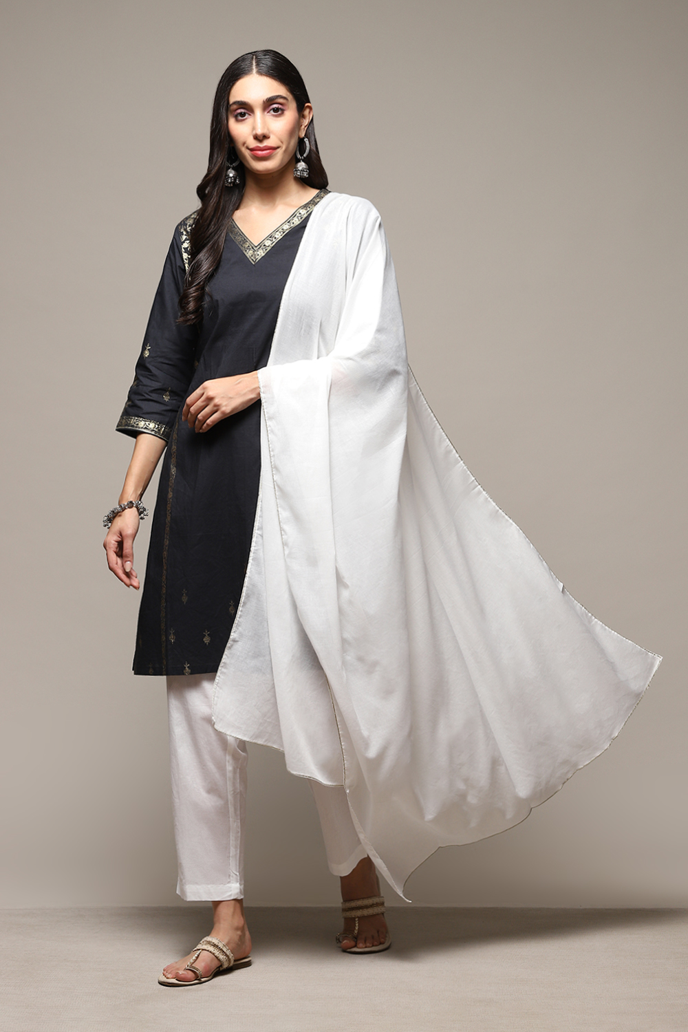 Charcoal Cotton Straight Kurta Regular Pants Suit Set image number 0