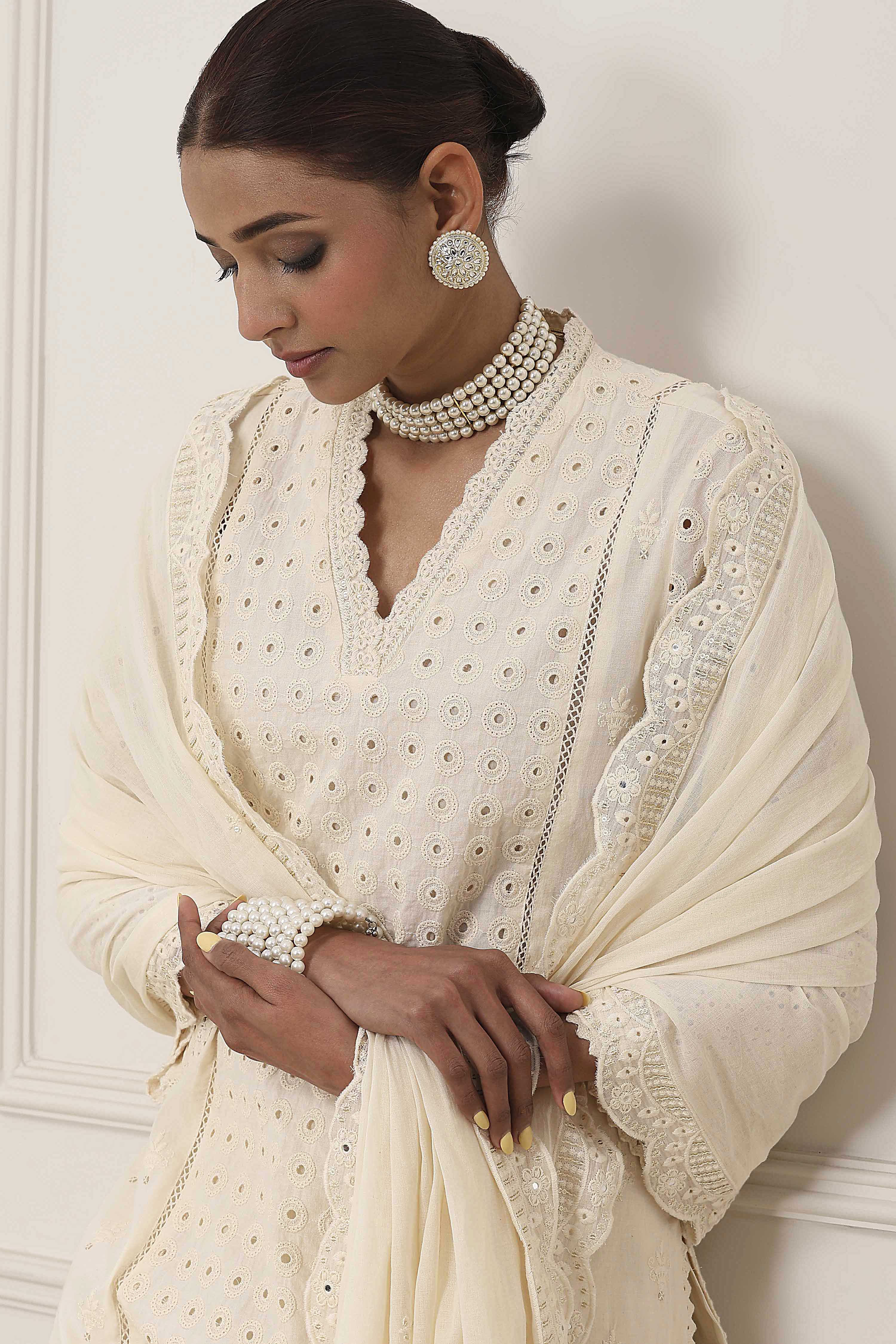 Cream-Toned Cotton Schiffli Straight Suit Set image number 1