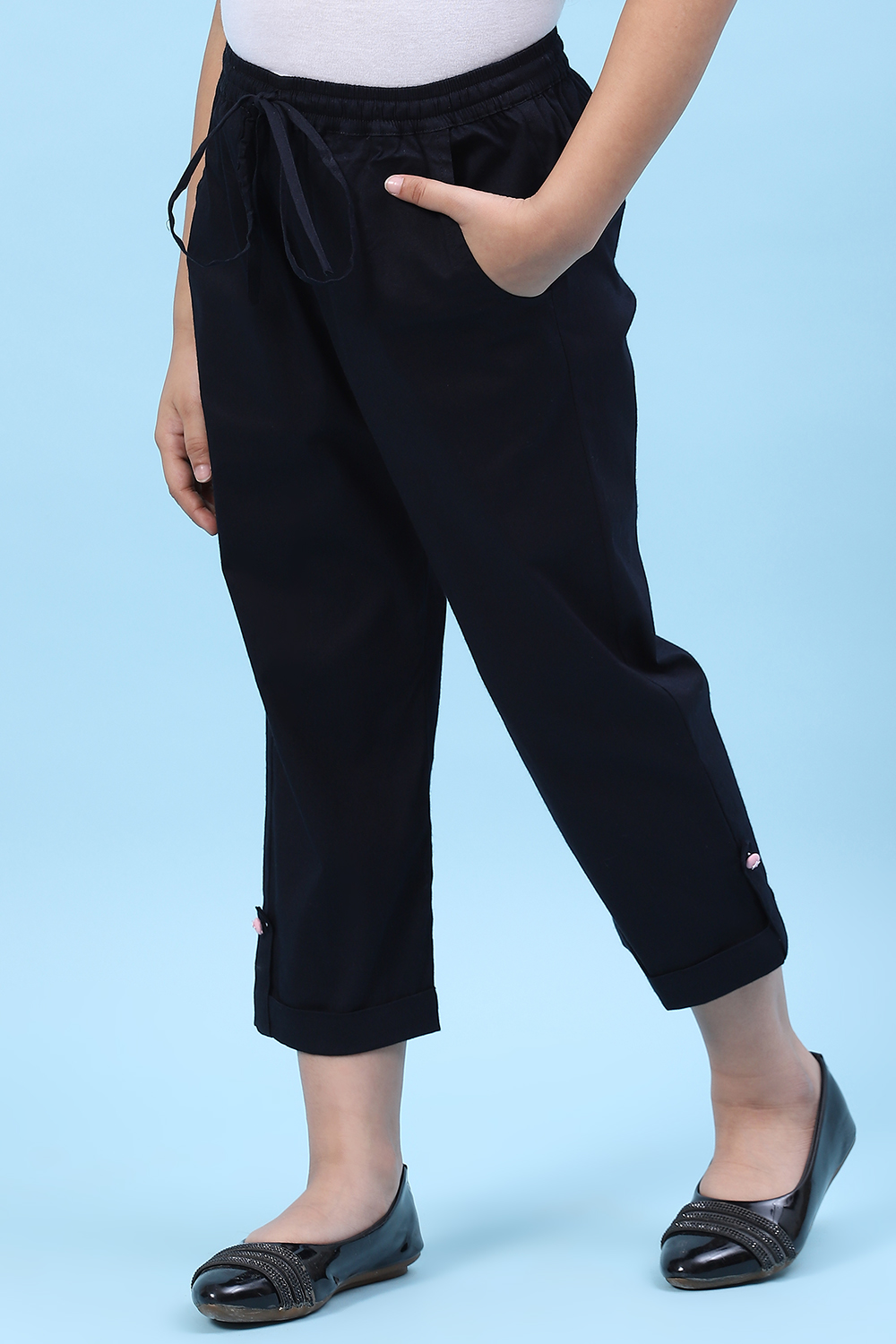 Powder Blue Cotton Solid Pant image number 3