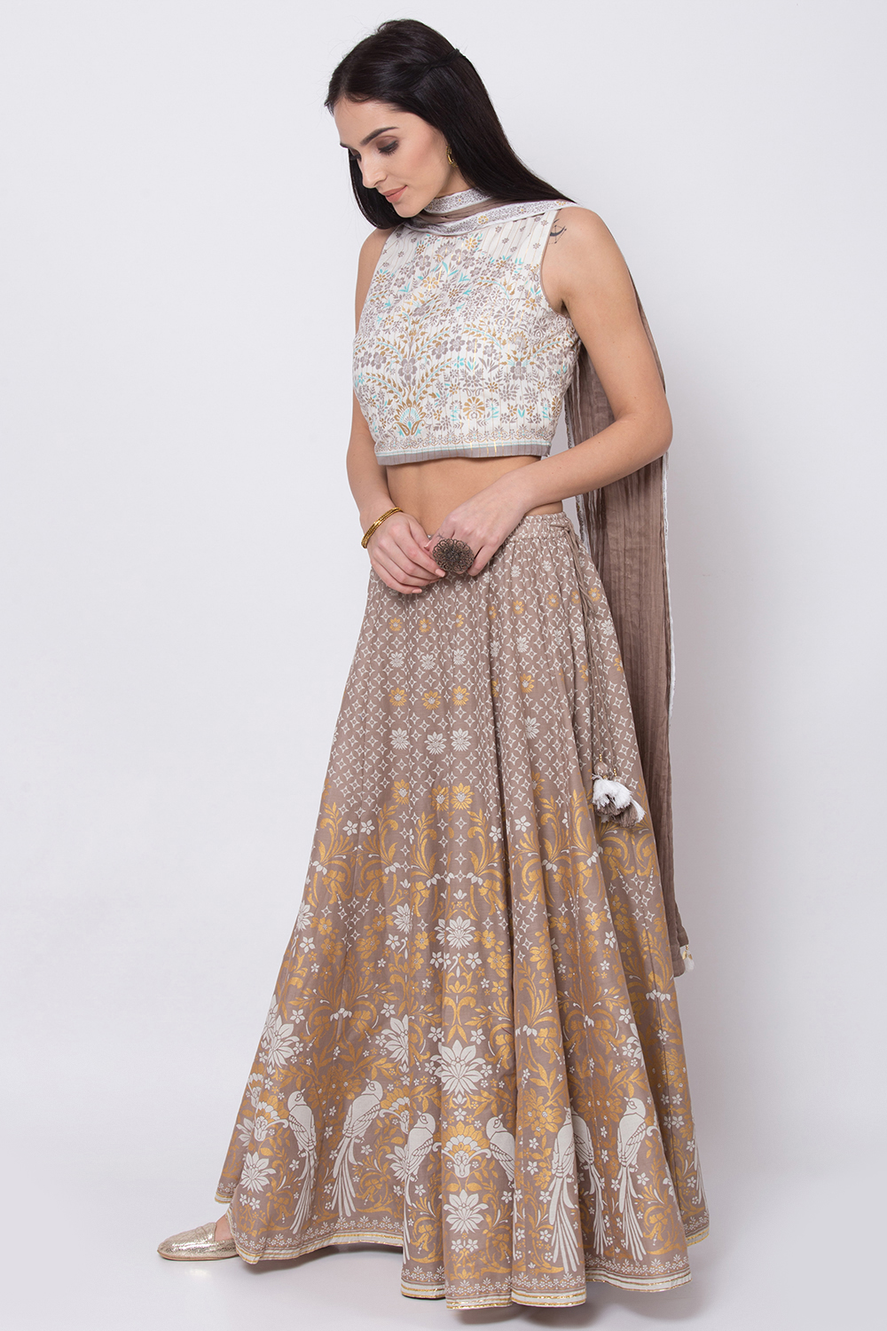 Off White And Brown Lehenga Set image number 3