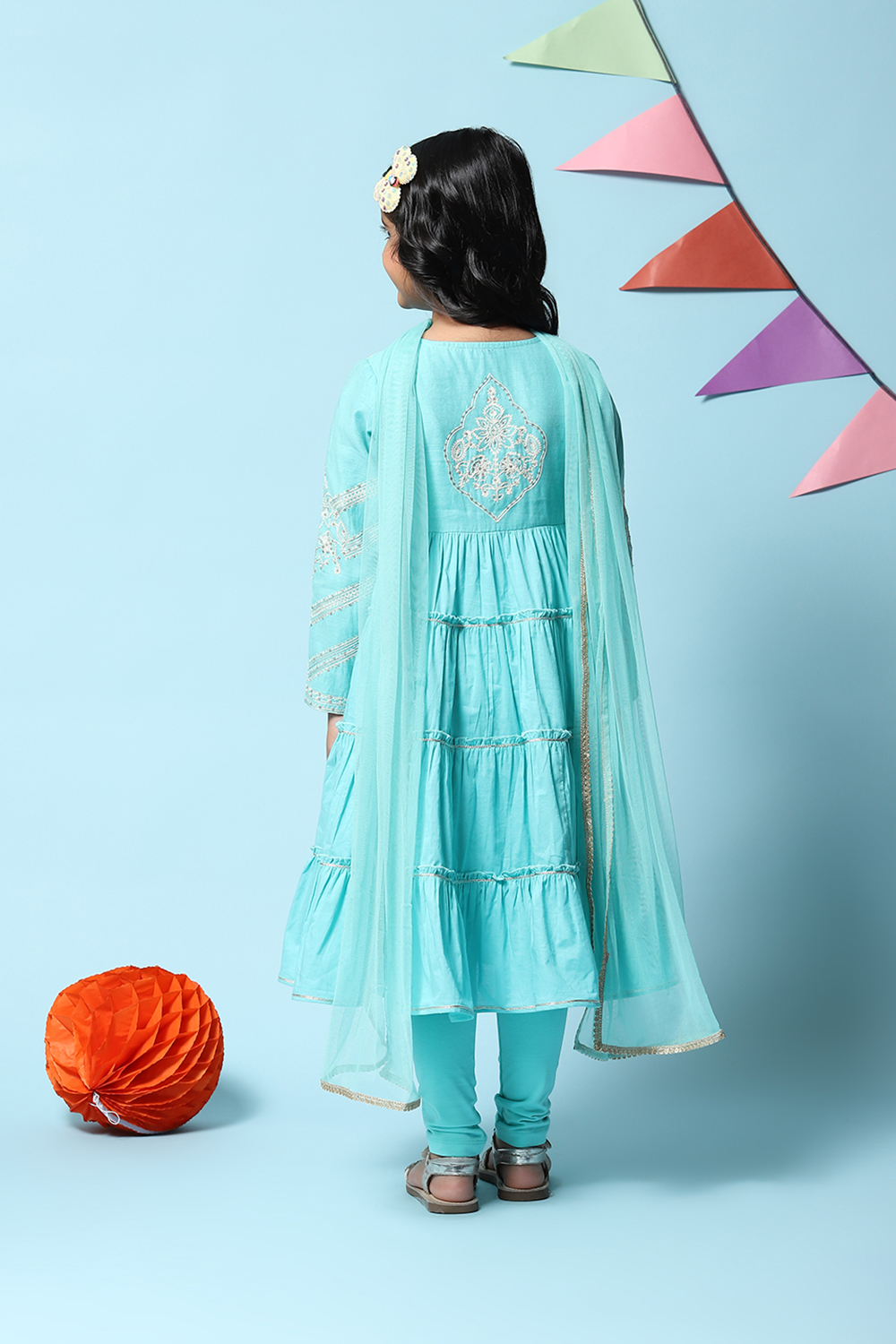 Turquoise Cotton Blend Tiered Kurta Churidar Suit Set image number 4