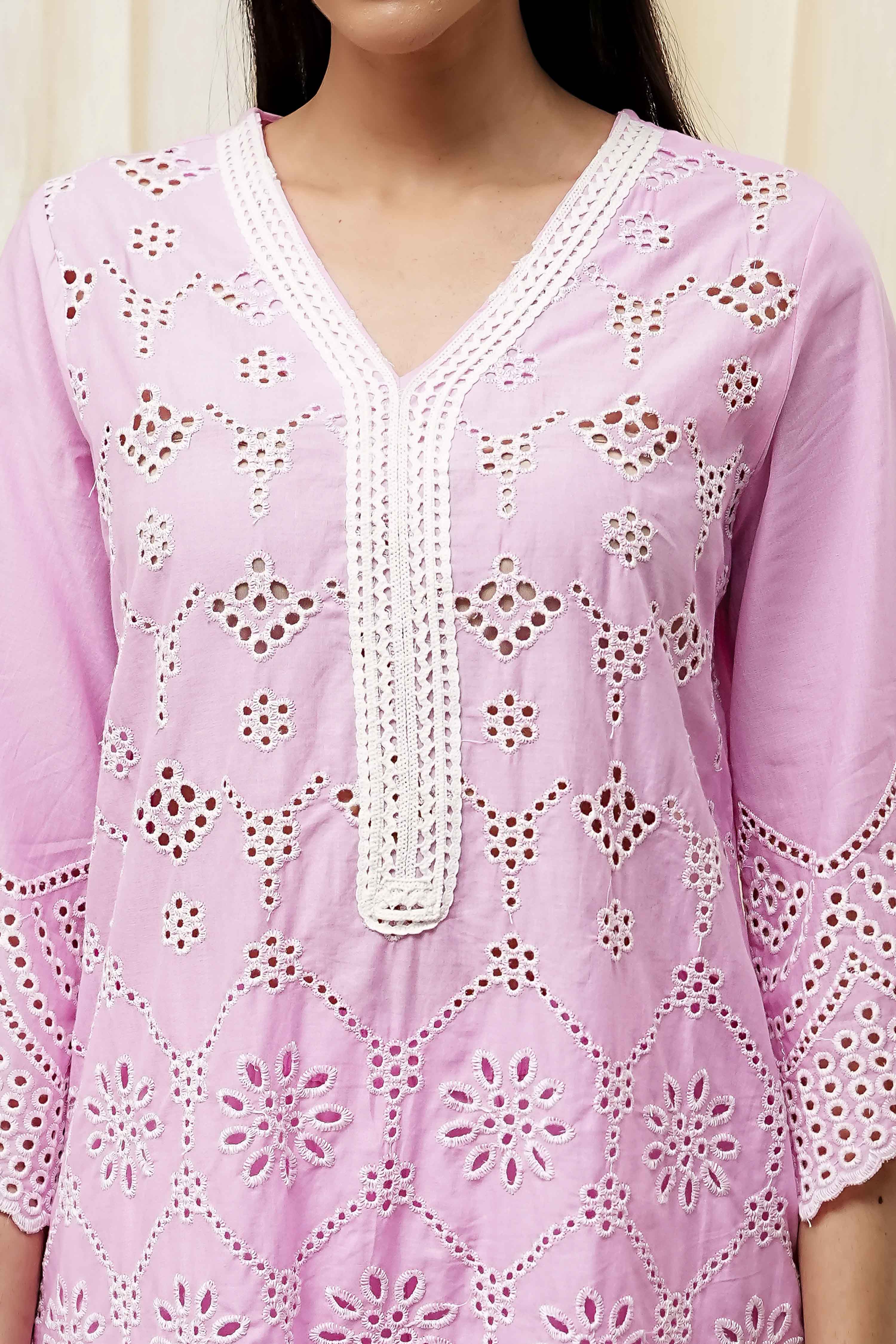 Pink Cotton Schiffli Straight Suit Set image number 1