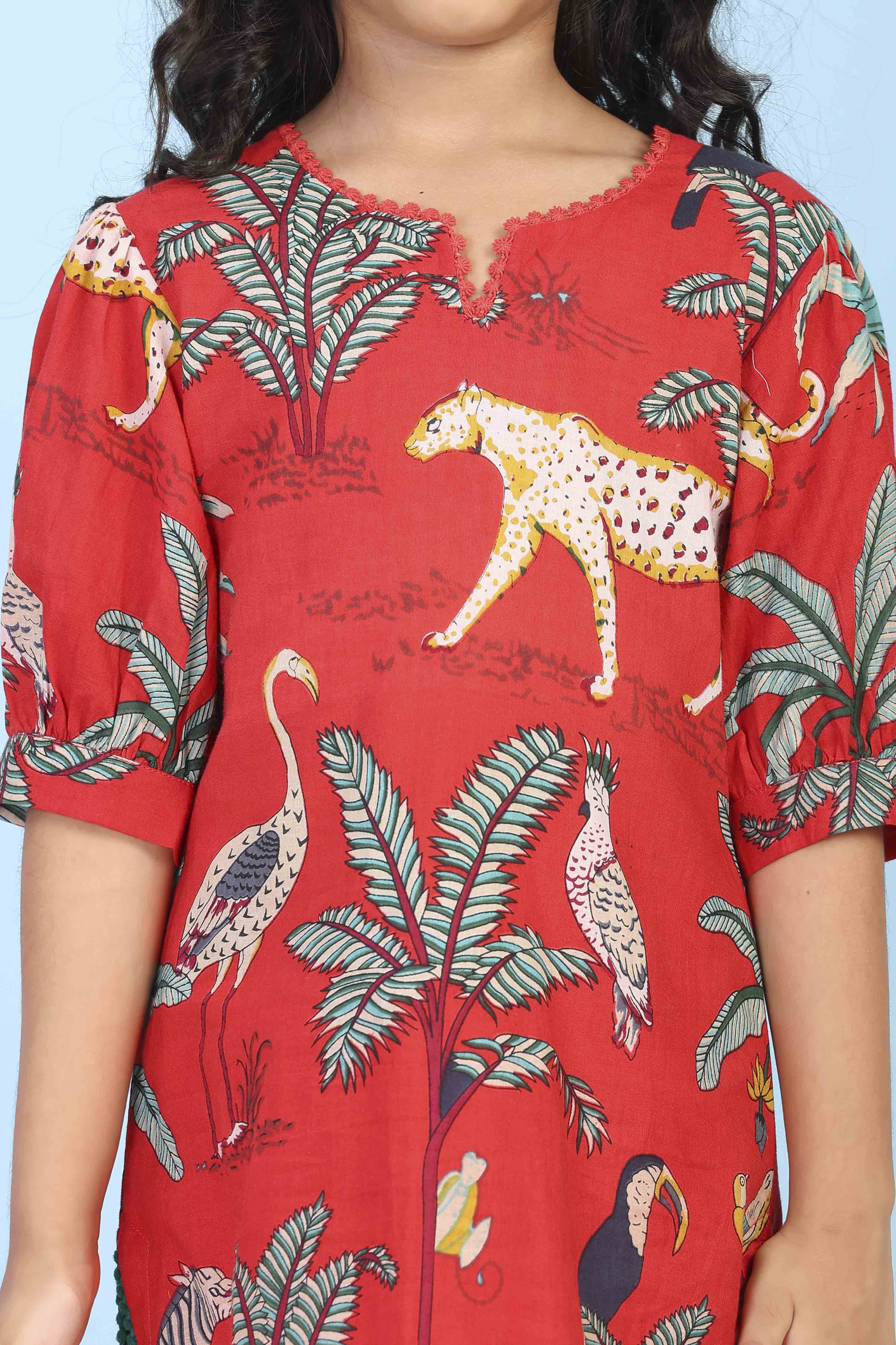 Red Cotton Printed Straight Suit Set image number 1
