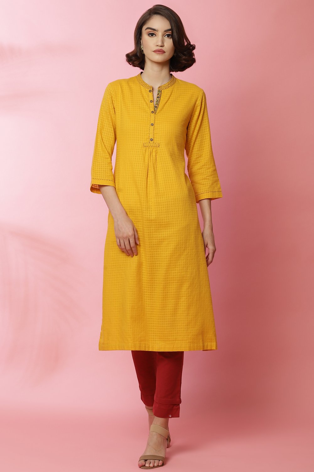 Ochre Cotton Straight Yarndyed Kurta image number 4