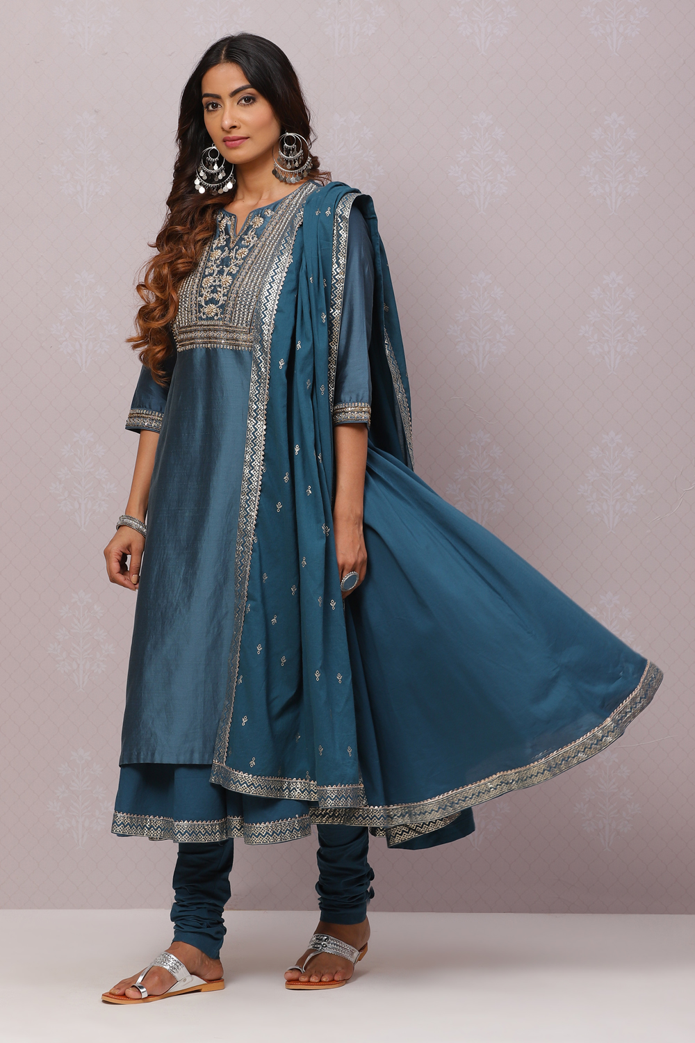 Teal Cotton Silk Flared Kurta Churidar Suit Set image number 6