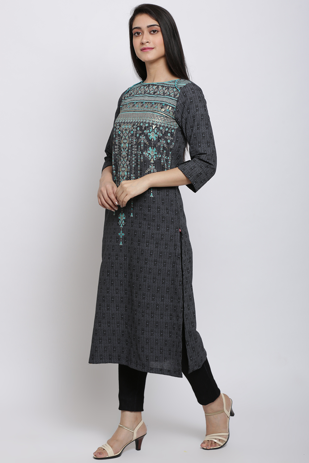 Black Cotton Flax Straight Printed Kurta image number 1