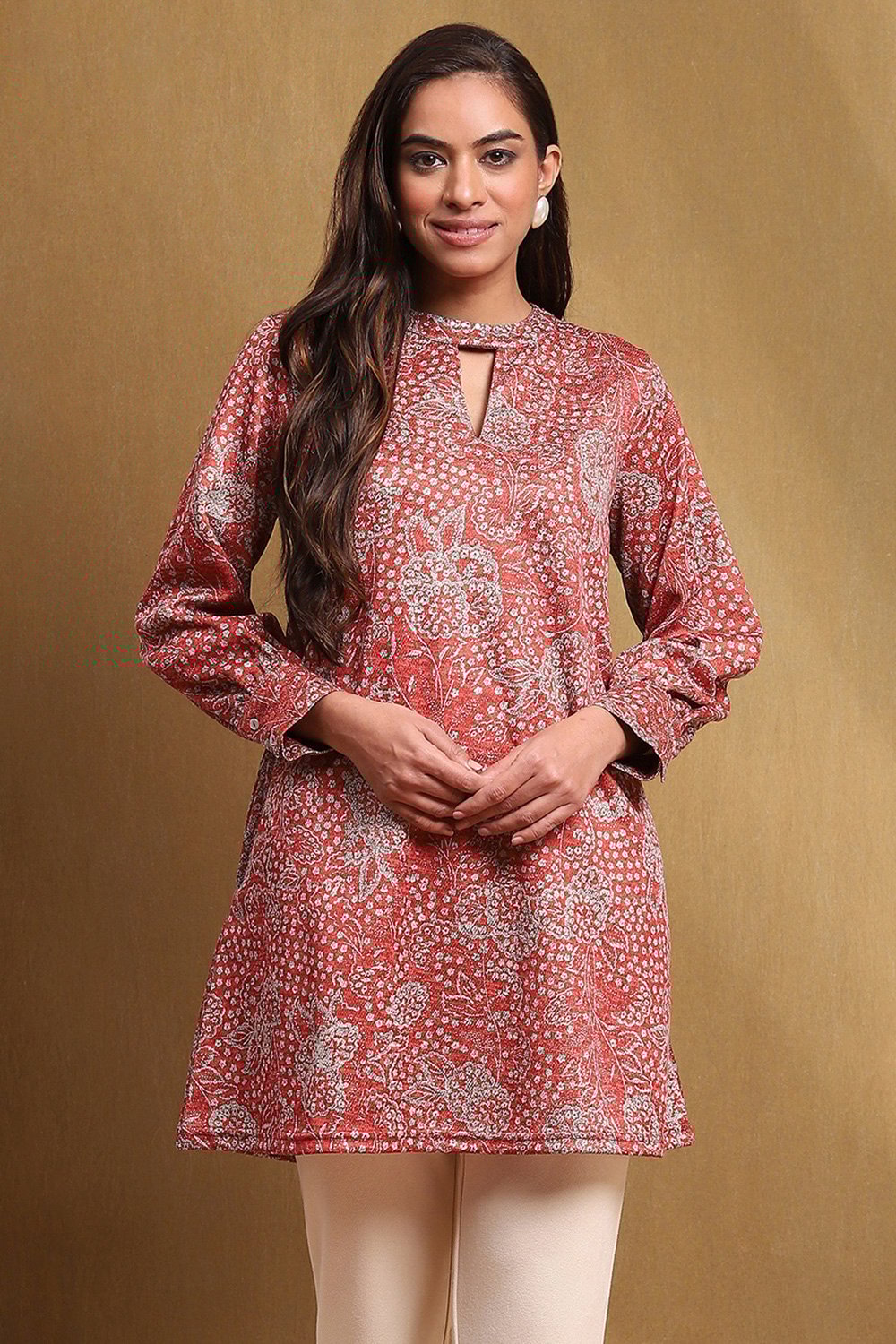 Red Knitted Block-Print Winter wear Short Kurta image number 5