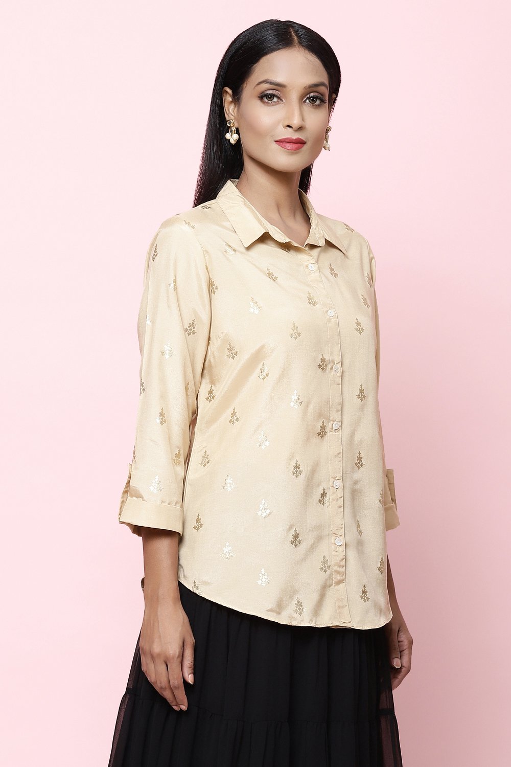 Beige Straight Art Silk Shirt Printed Kurti image number 4