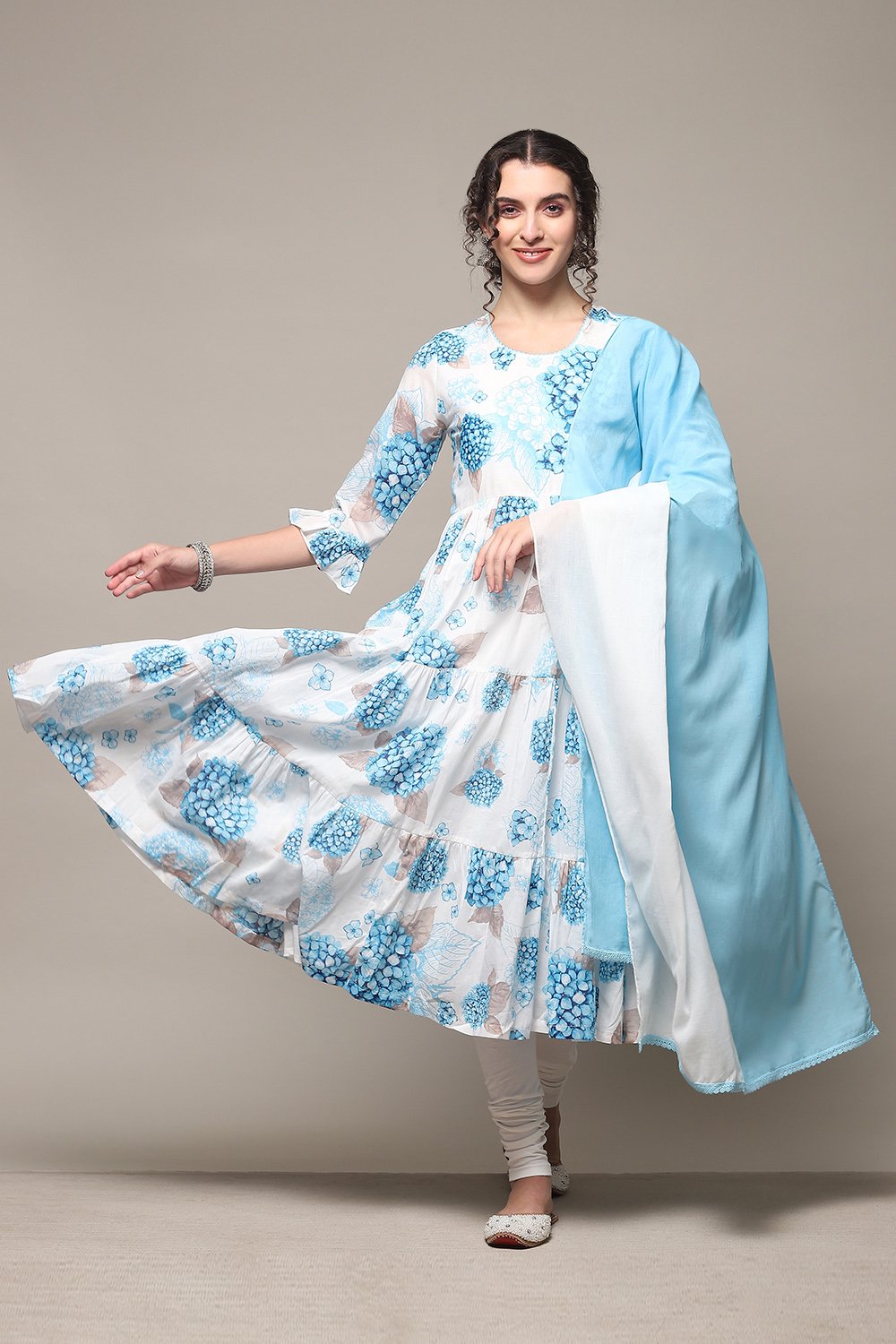 White & Blue Cotton Anarkali Kurta Churidar Suit Set image number 0