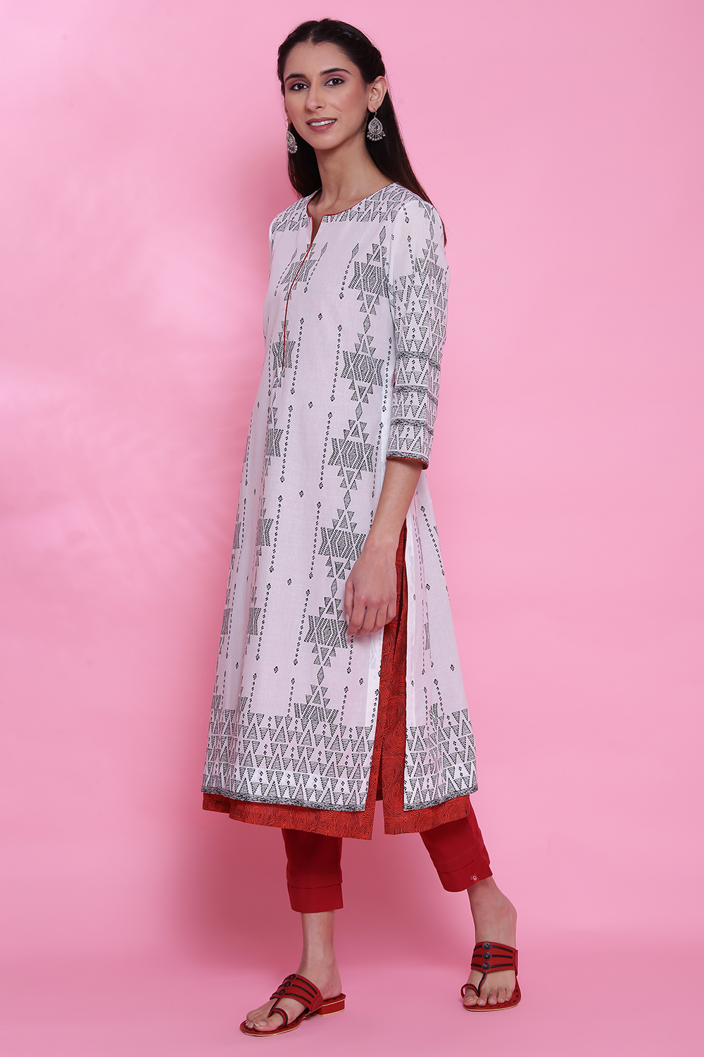 White Cotton A-Line Printed Kurta image number 2