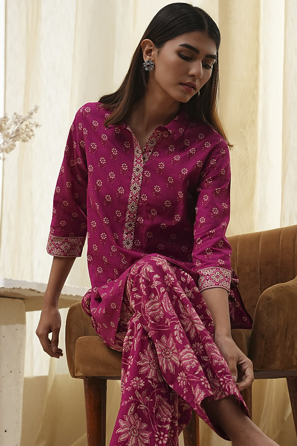 Plum Red Cotton Printed Kurta Set image number 7