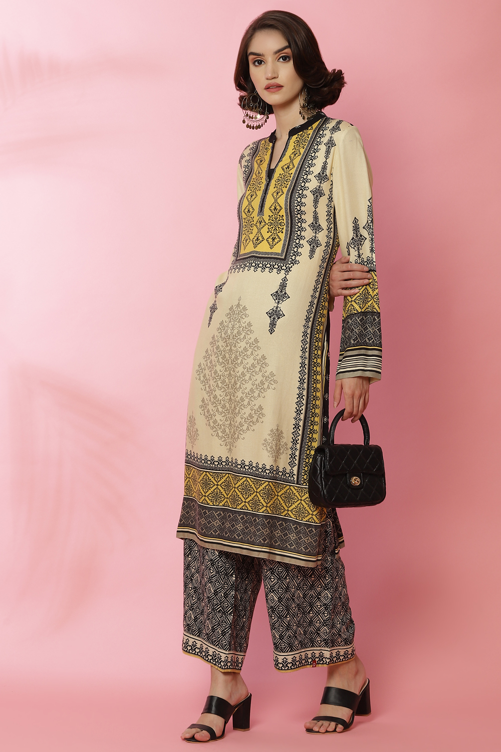 Black And Off White Viscose Straight Printed Kurta image number 4