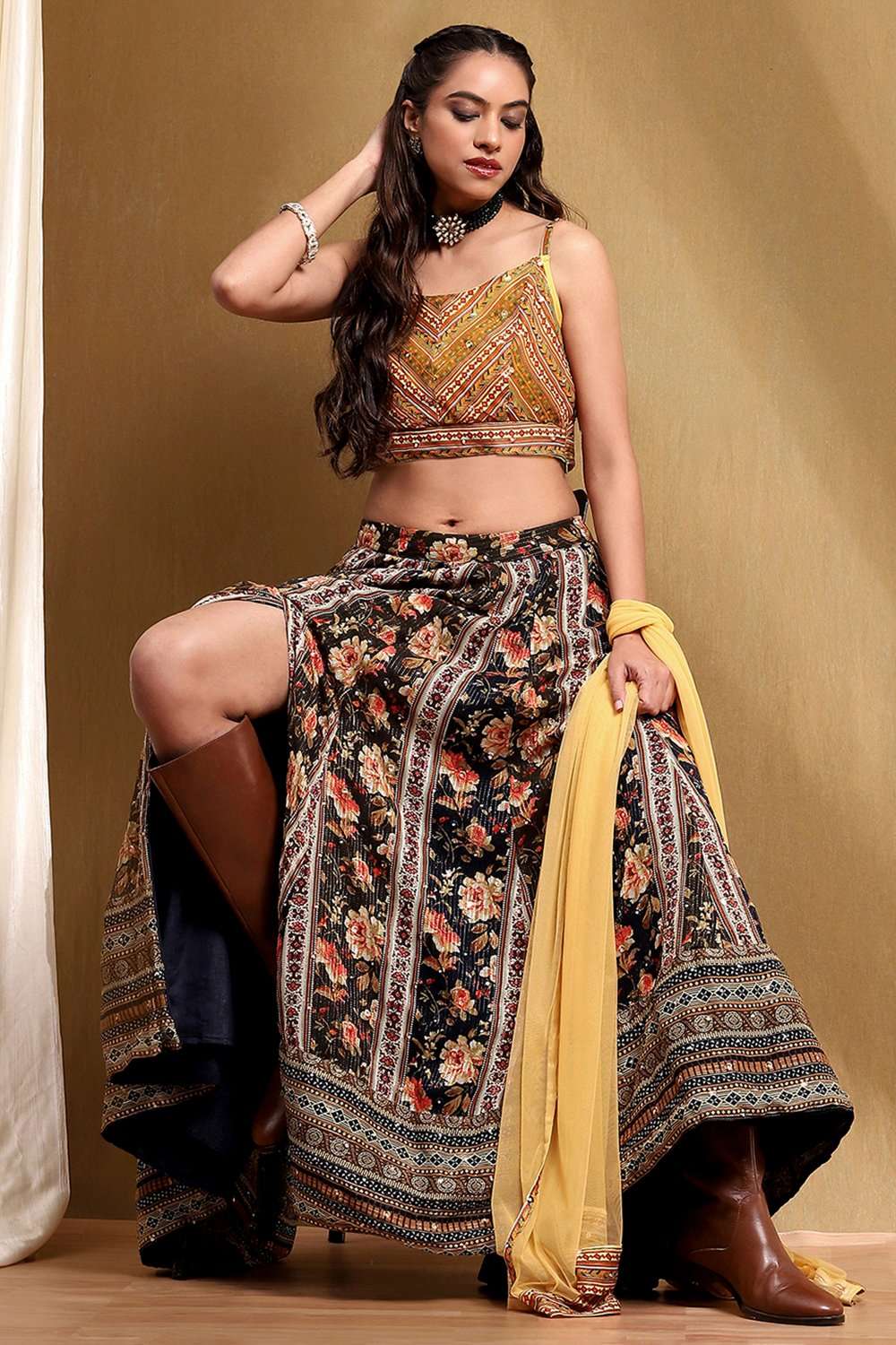 Mustard Yellow and Navy Blue Embroidered Lehenga Set image number 3