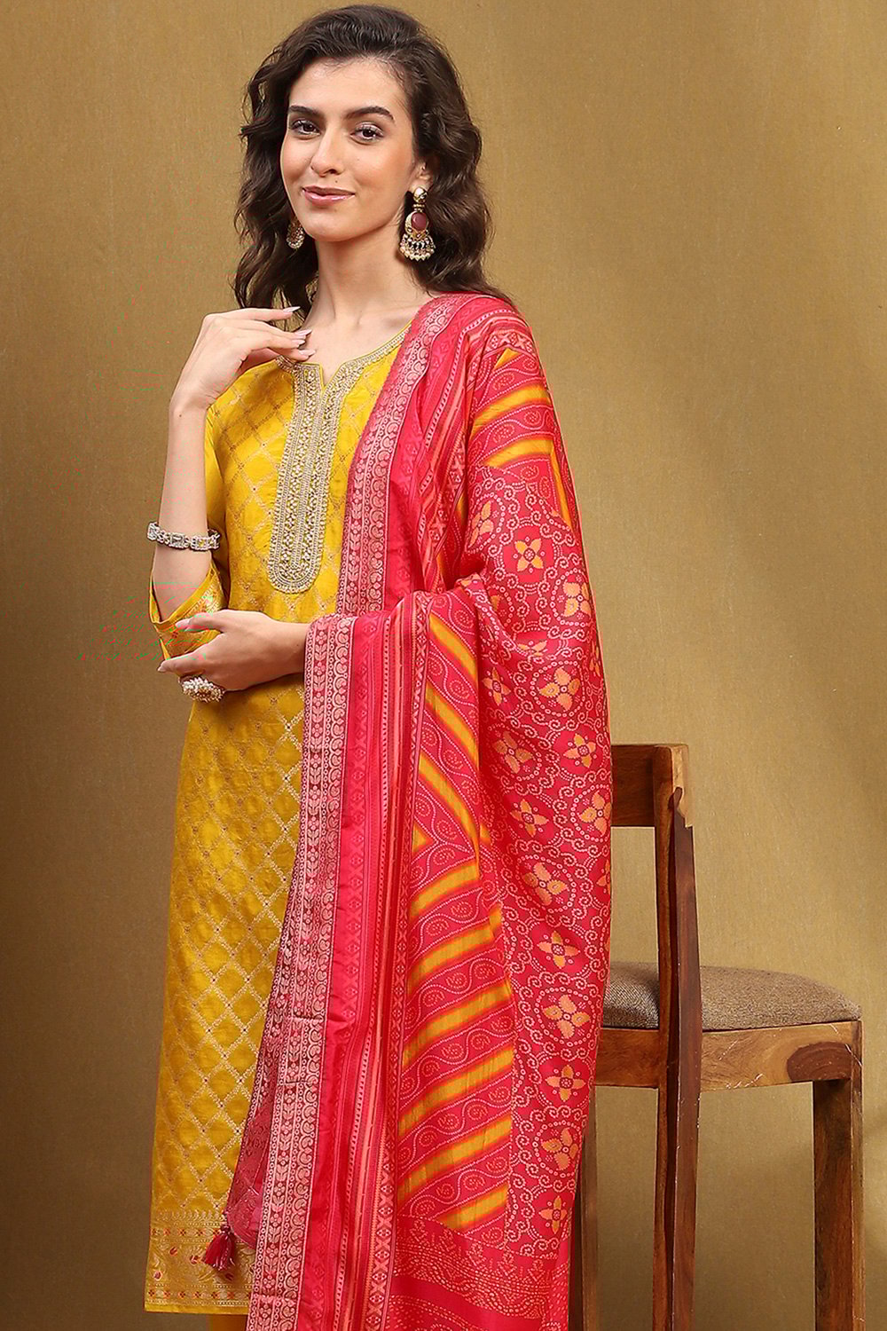 Mustard Yellow Viscose Blend Yarn Dyed Straight Suit Set image number 0