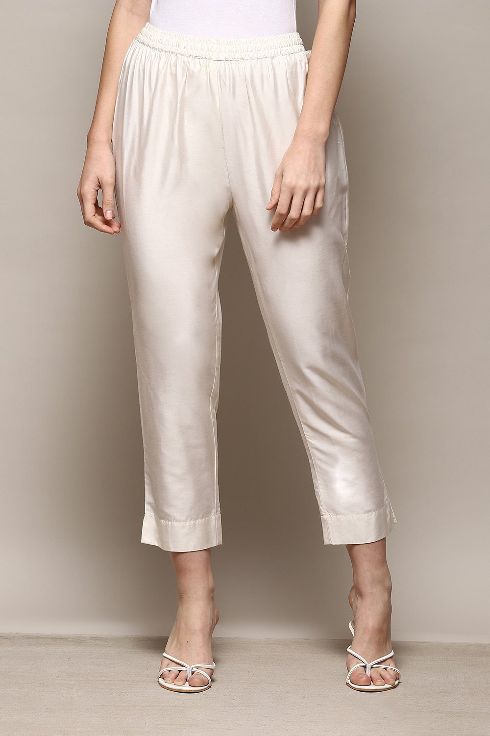 Cream Poly Viscose Slim Yarndyed Pants image number 5