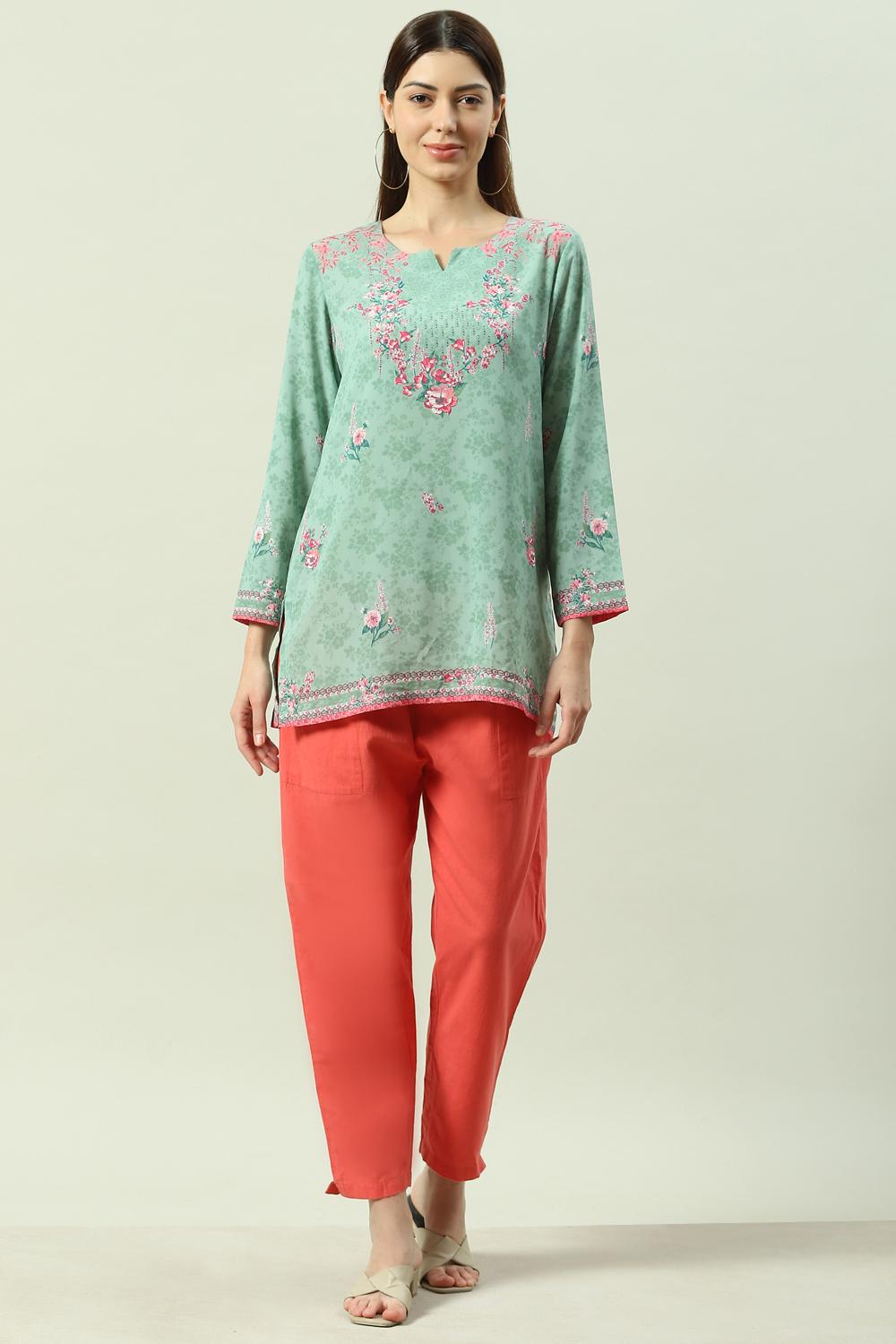 Sea Green Polyester Straight Printed Kurti image number 5