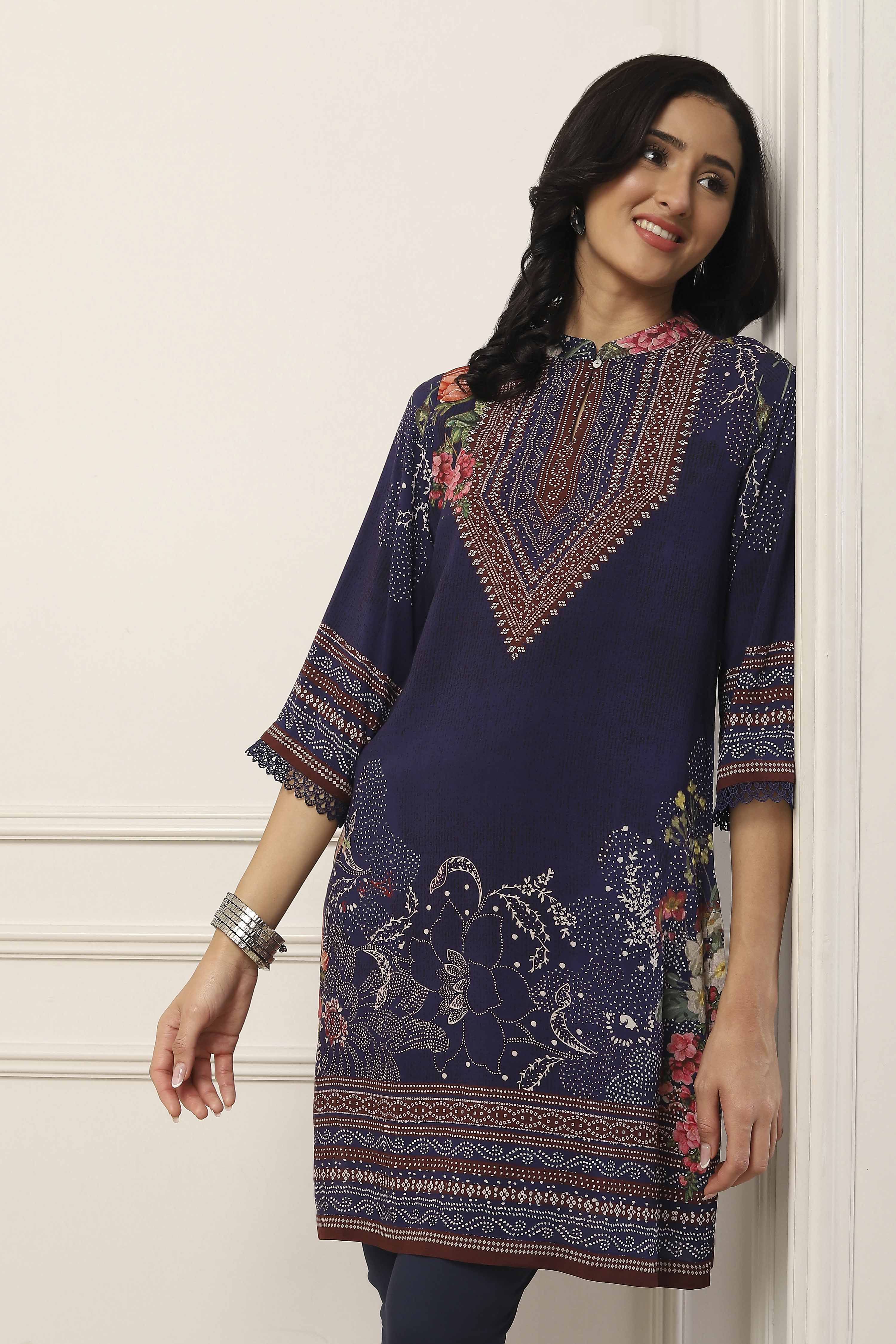 Blue Viscose Rayon Ethnic Motif Printed Straight Kurta image number 6