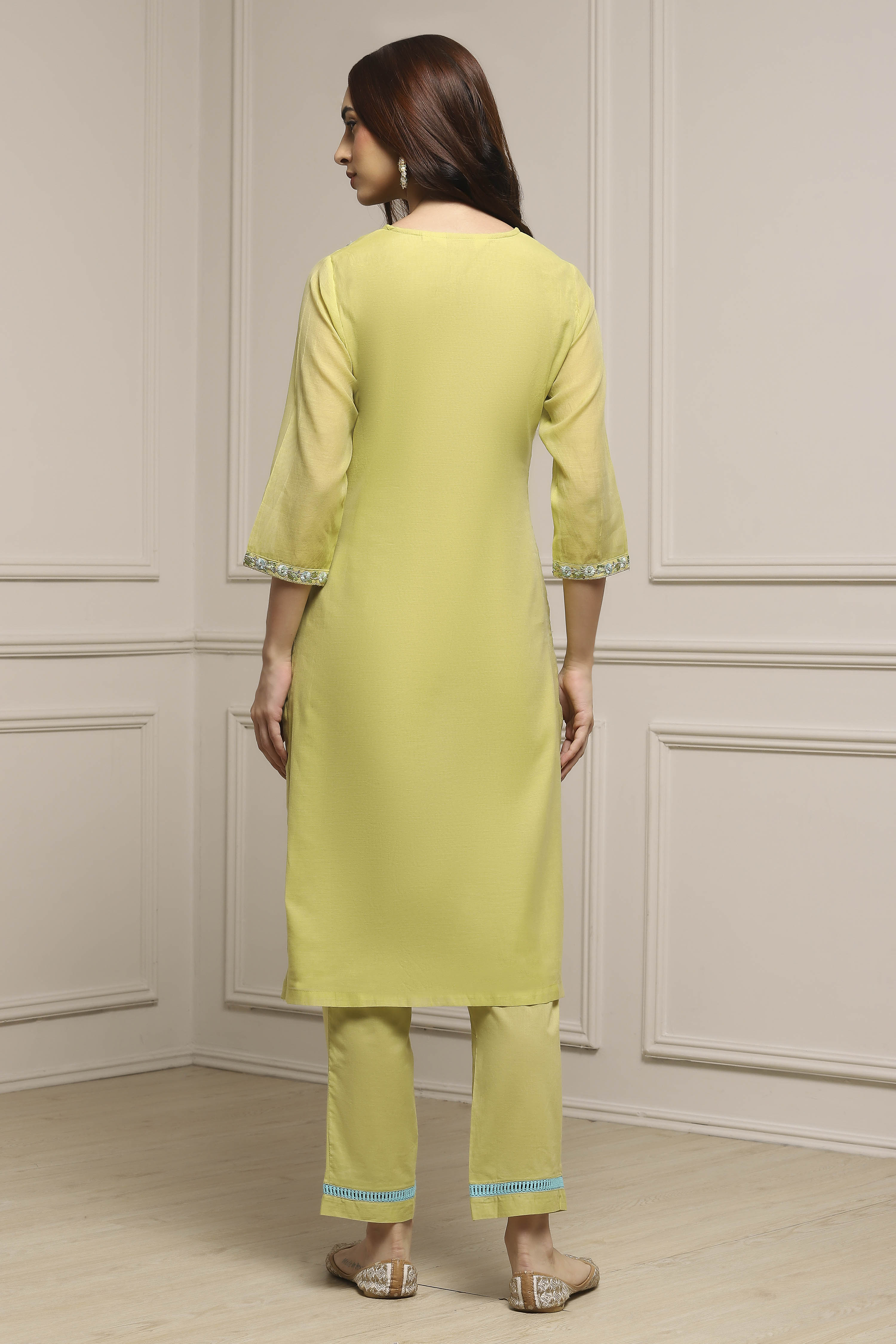 Peach Art Silk A-Line Kurta Regular Pant Suit Set image number 4