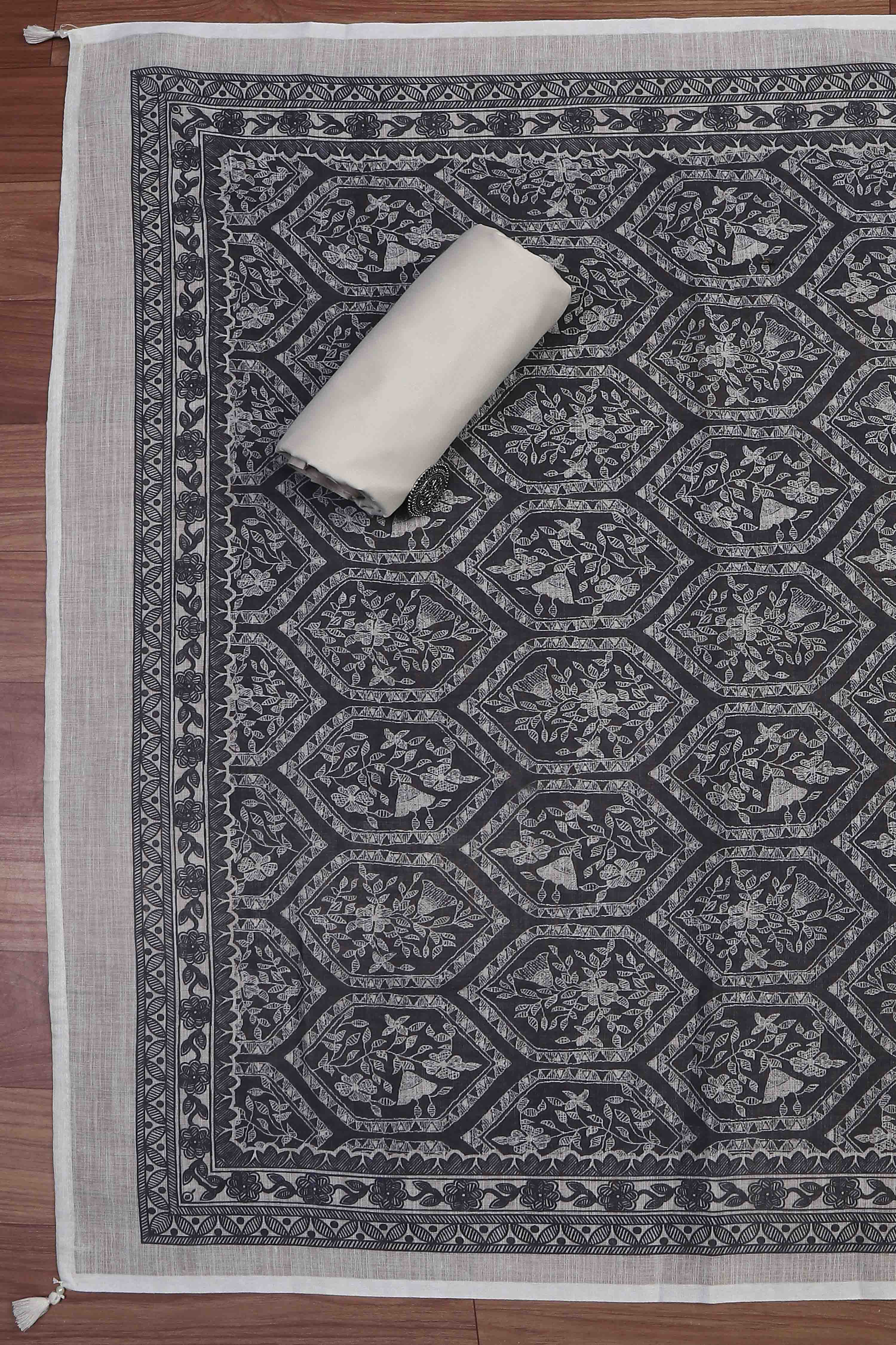 Beige Linen Booti Print Unstitched Suit Set image number 3