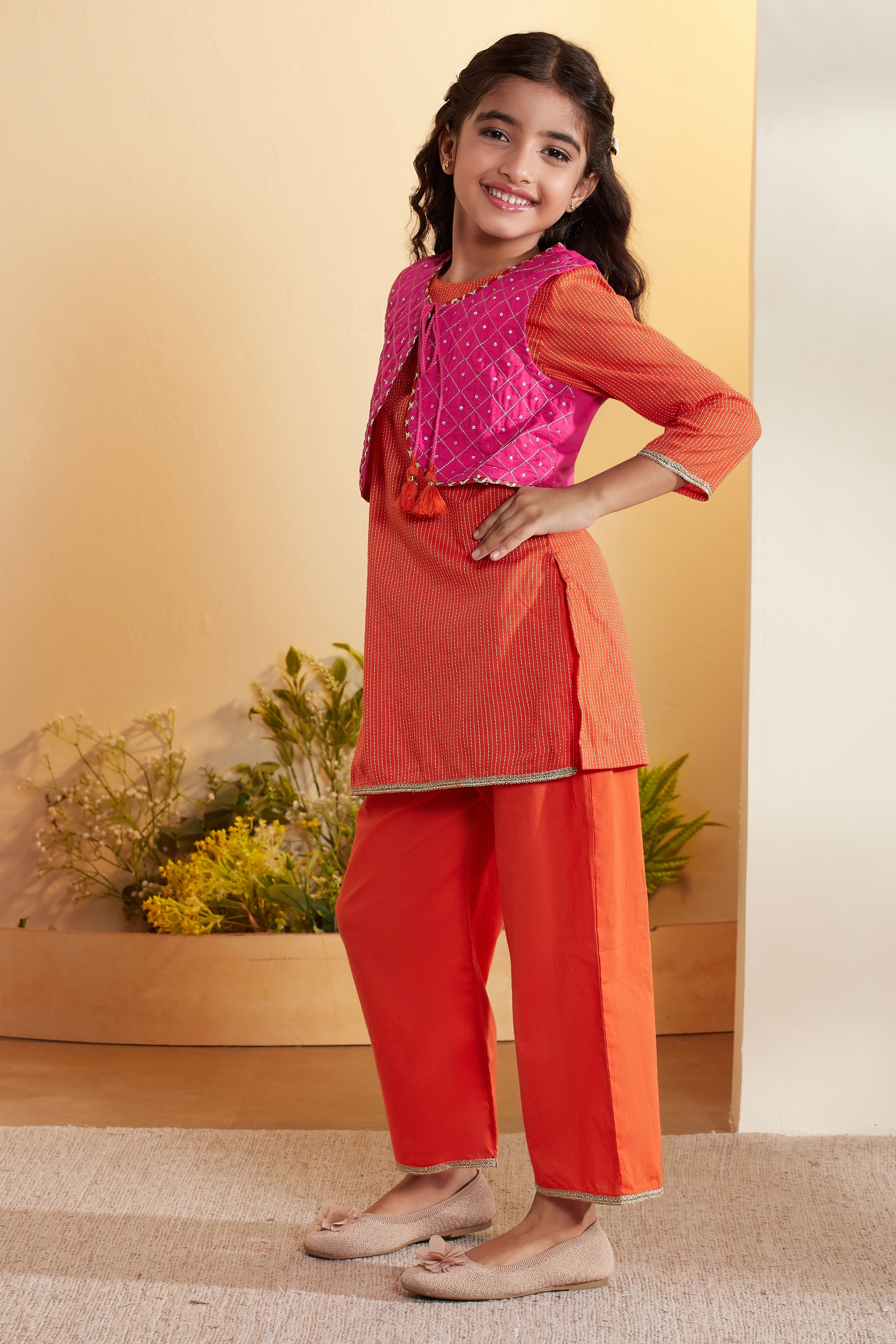 Orange Cotton Straight Kurta Set with Jacket image number 3