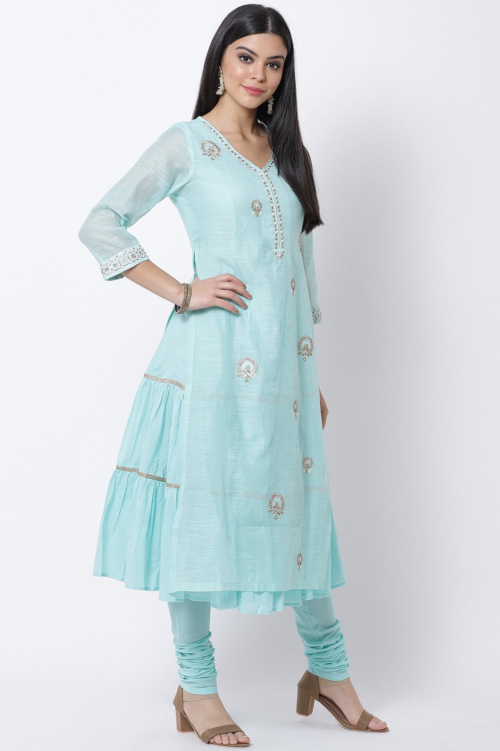 Sky Blue Poly Cotton Flared Kurta Churidar Suit Set image number 3