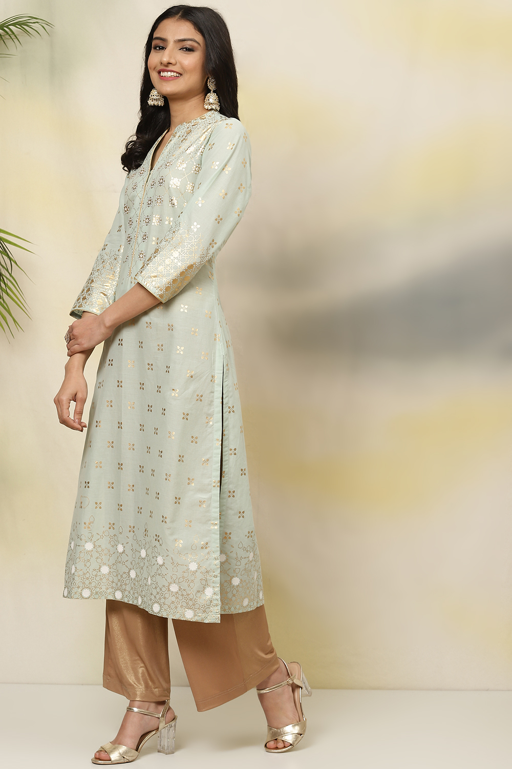 Sea Green Cotton Straight Kurta image number 2