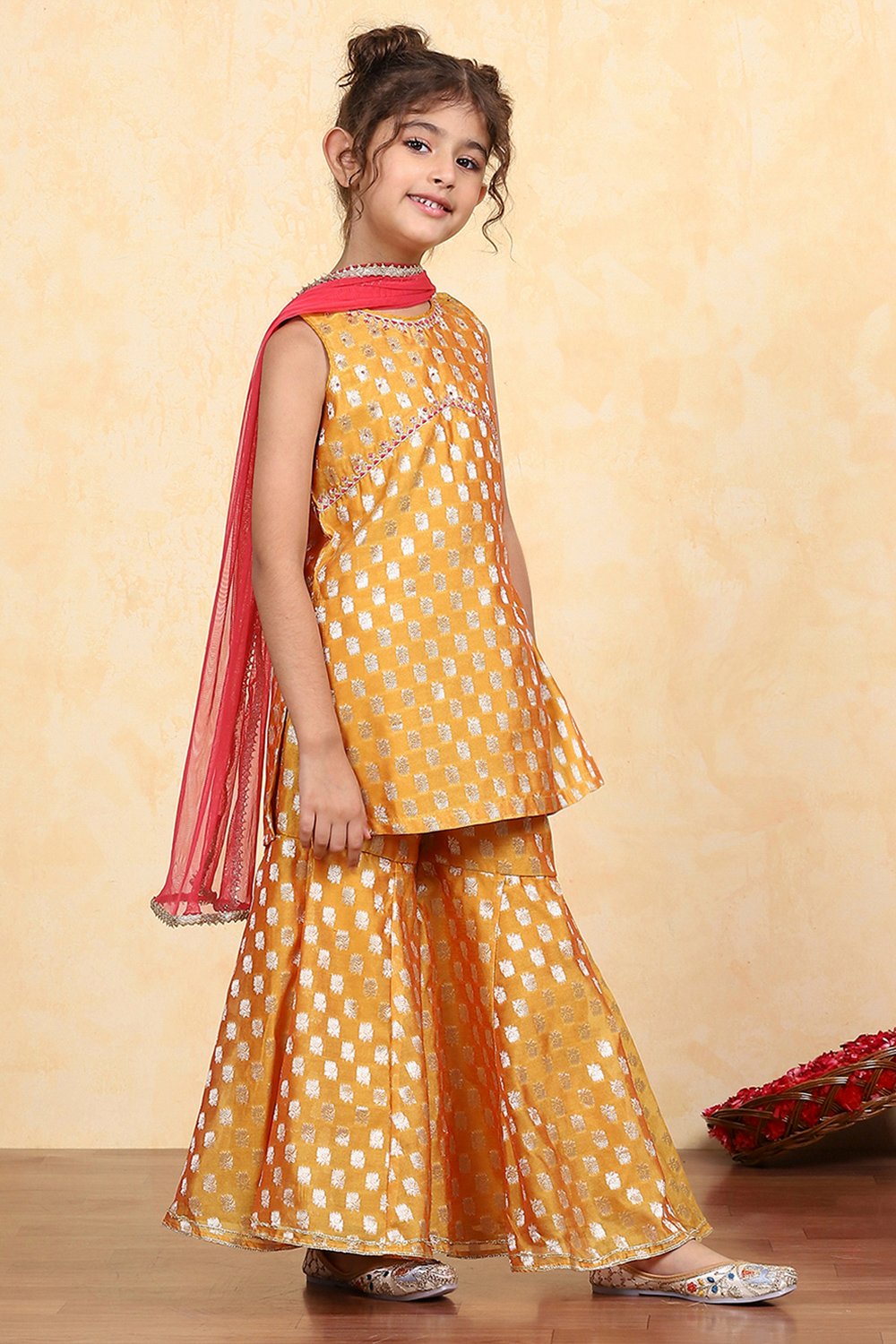 Yellow Brocade Yarndyed Fitted Sharara Suit Set image number 5