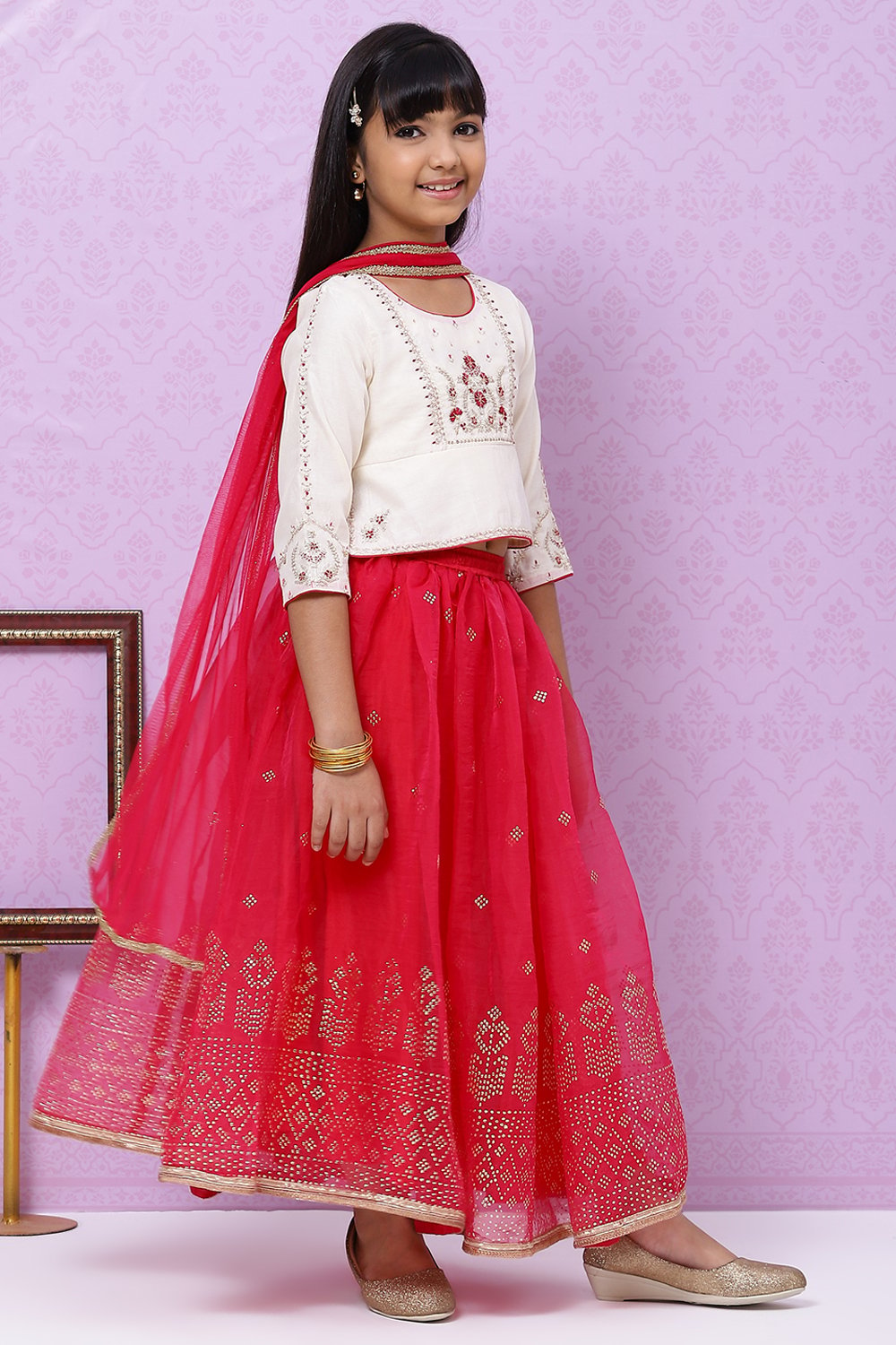 Off White And Berry Straight Poly Cotton Girls Lehenga Set image number 5