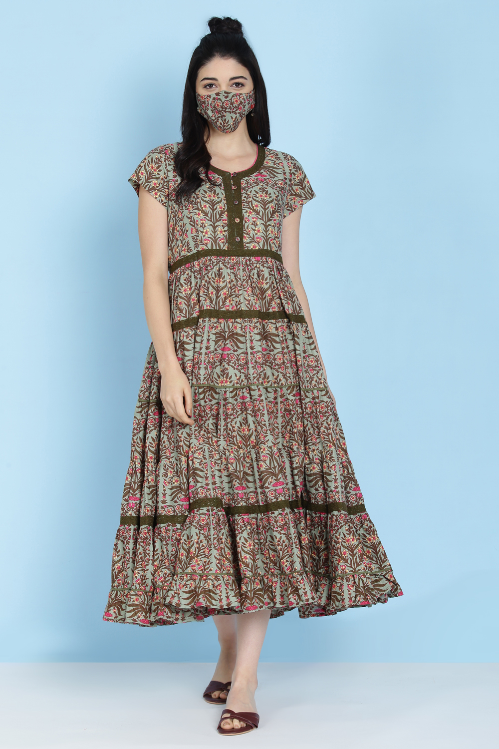 Sage Green Cotton Fusion Wear Dress image number 4