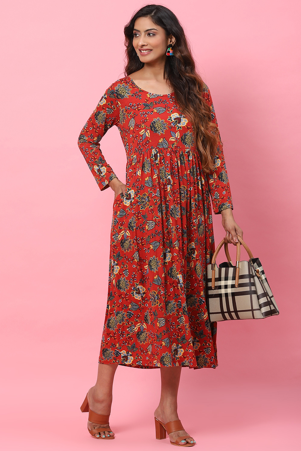 Red LIVA Flared Fusion Dress image number 5
