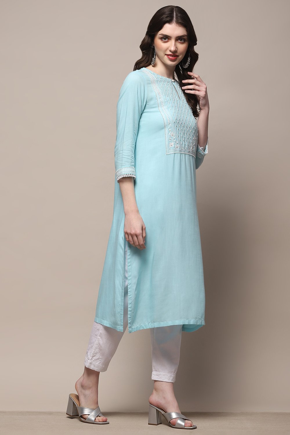 Aqua Blue Cotton Straight Kurta image number 4