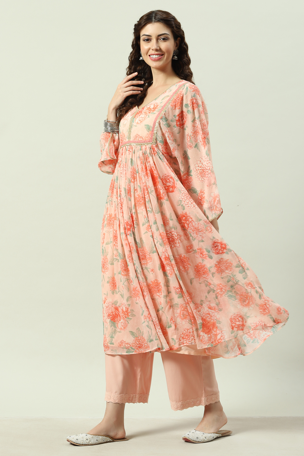 Peach Viscose Flared Kurta Palazzo Suit Set