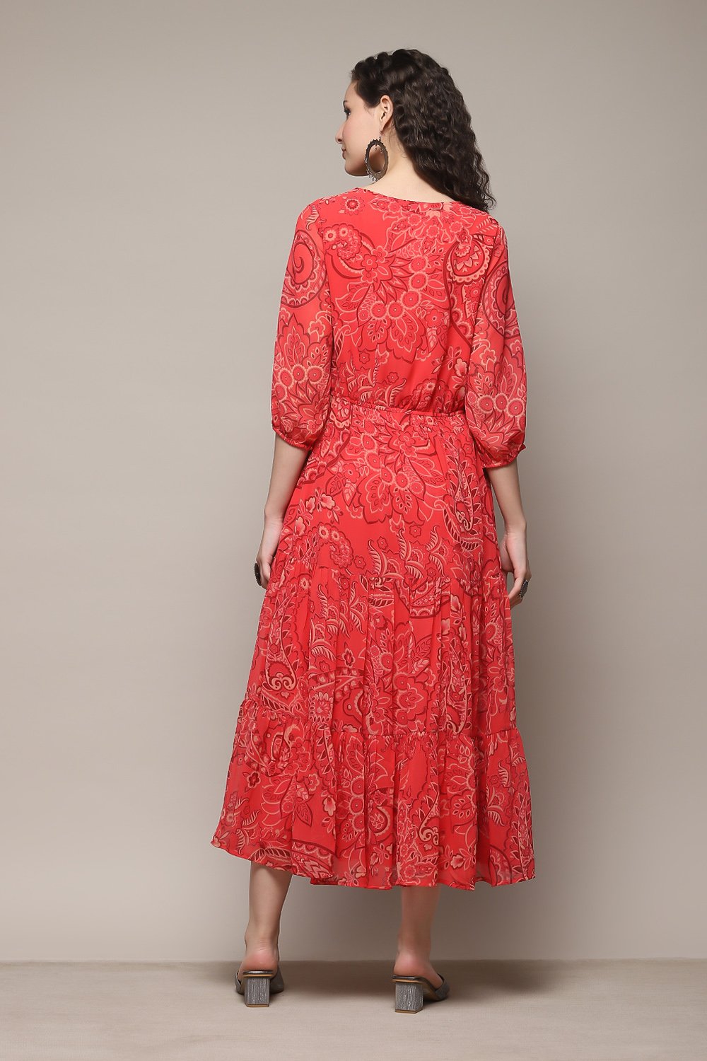 Blue Polyester Tiered Printed Dress image number 4