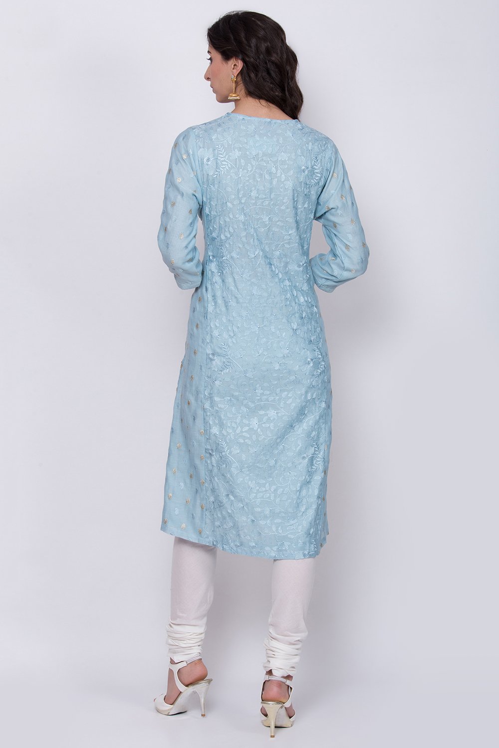 Blue Cotton Silk Straight Kurta Churidar Suit Set image number 4