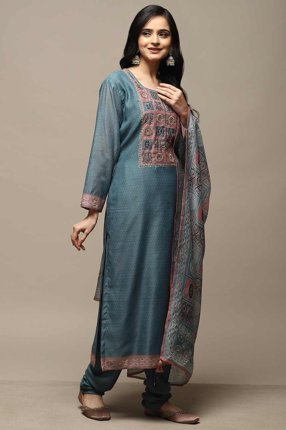 Peach Chanderi Machine Embroidered Unstitched Suit Set image number 5