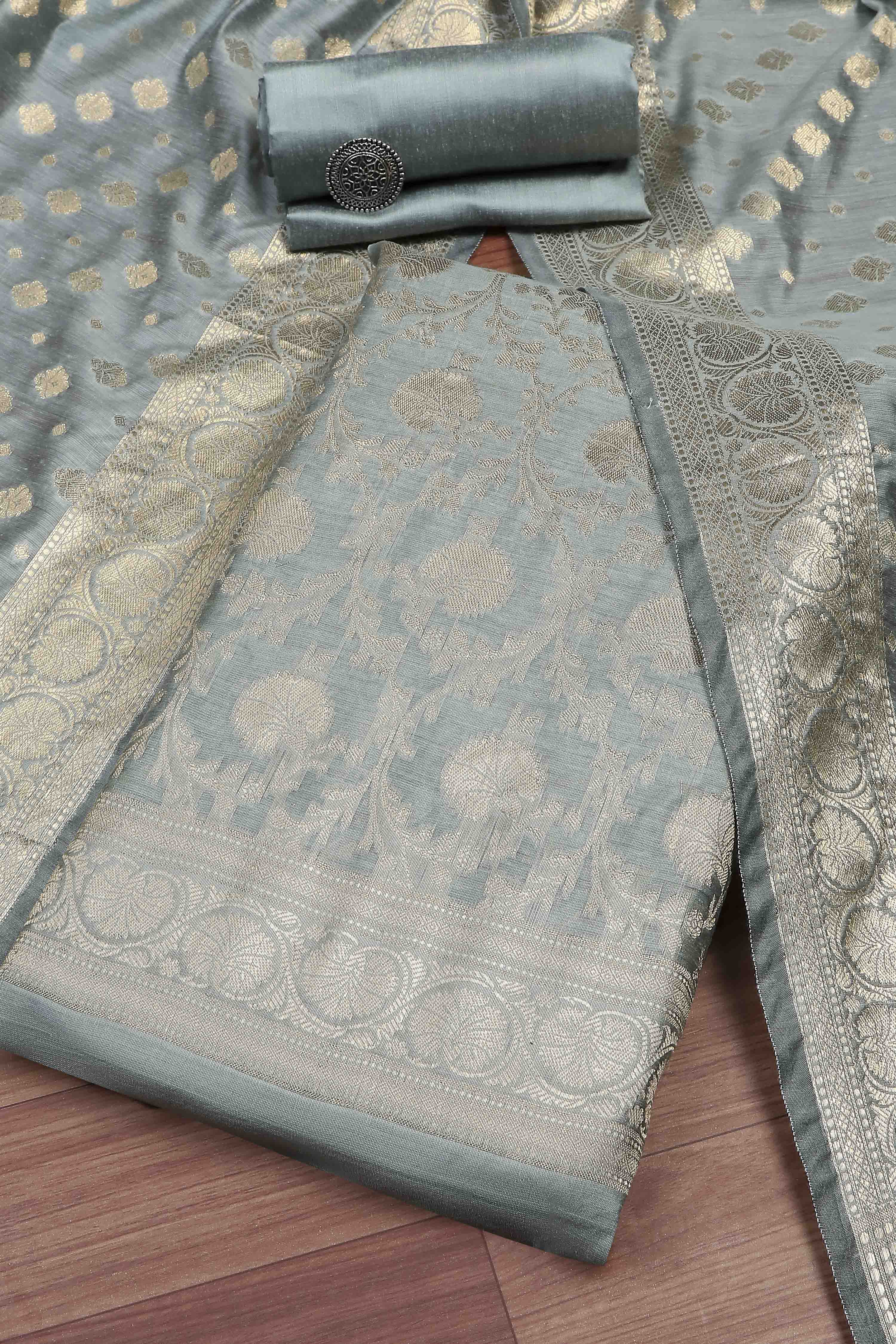 Dusty Mauve Banarasi Chanderi Banarasi Print Unstitched Suit Set image number 0