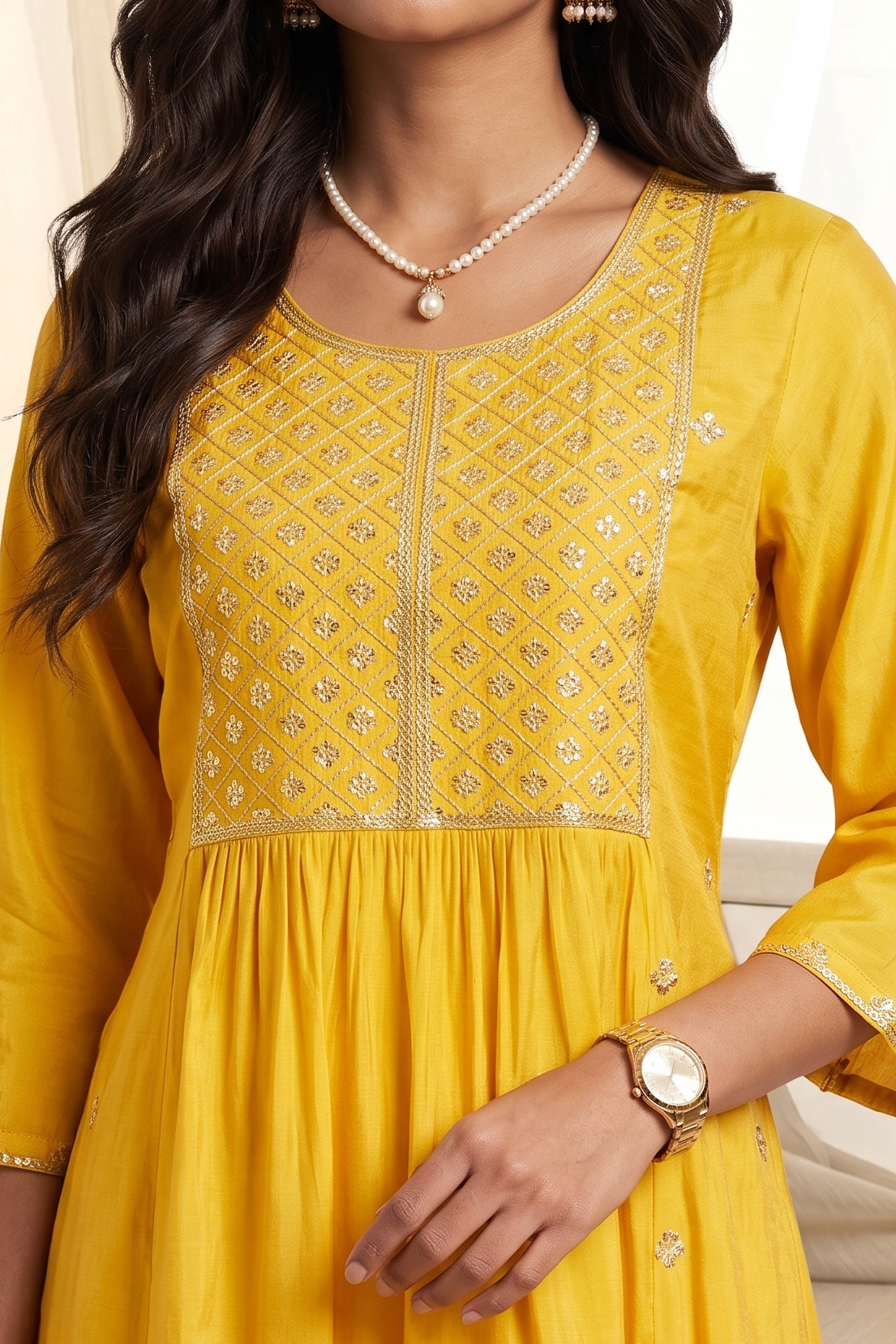 Yellow Polyester A Line Kurta image number 1