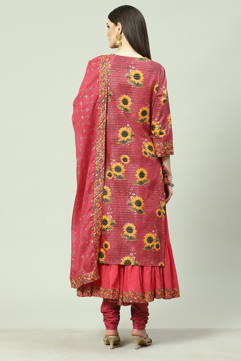 Onion Pink Cotton Layered Kurta Churidar Suit Set image number 4