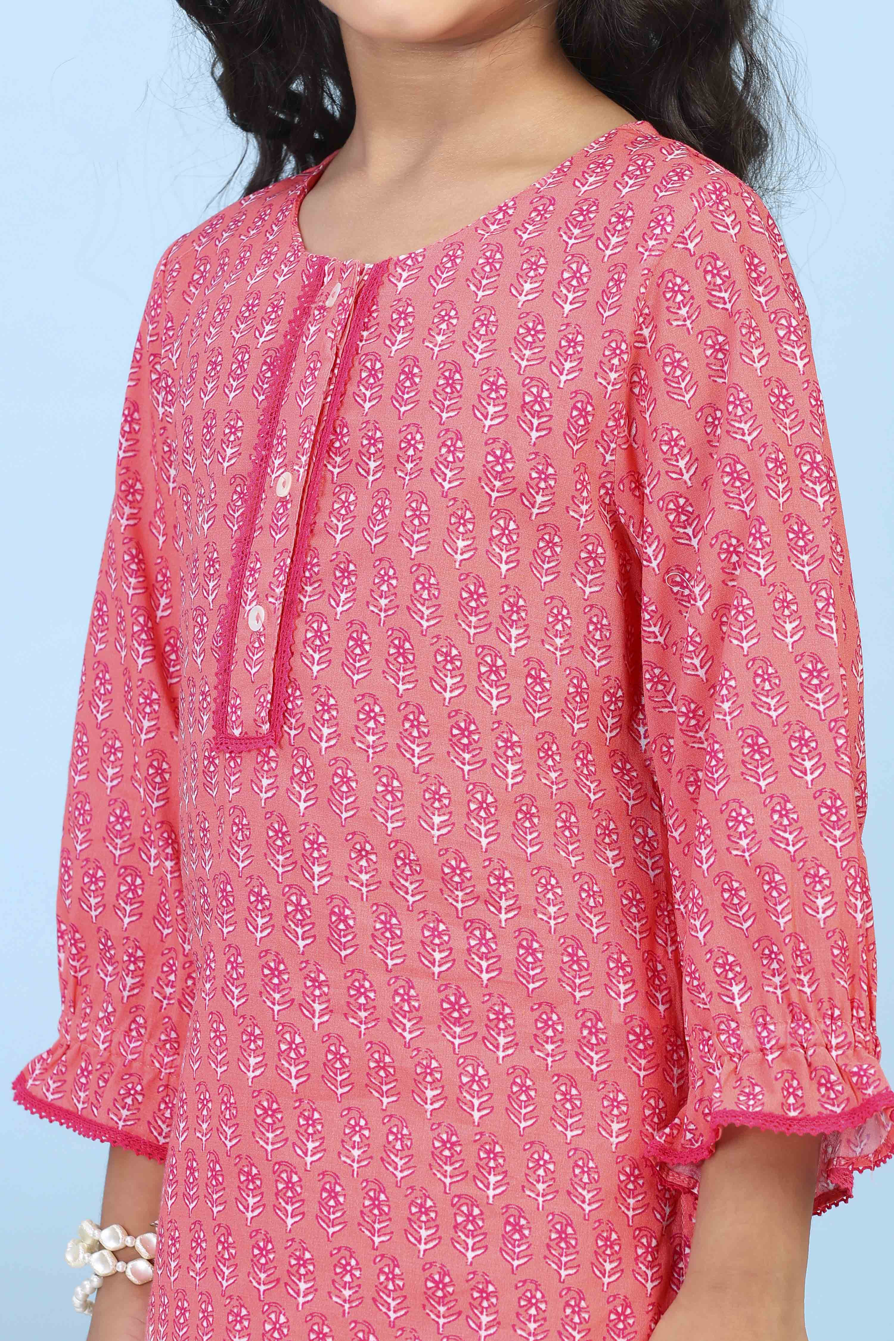Peach Cotton Printed Straight Suit Set image number 1