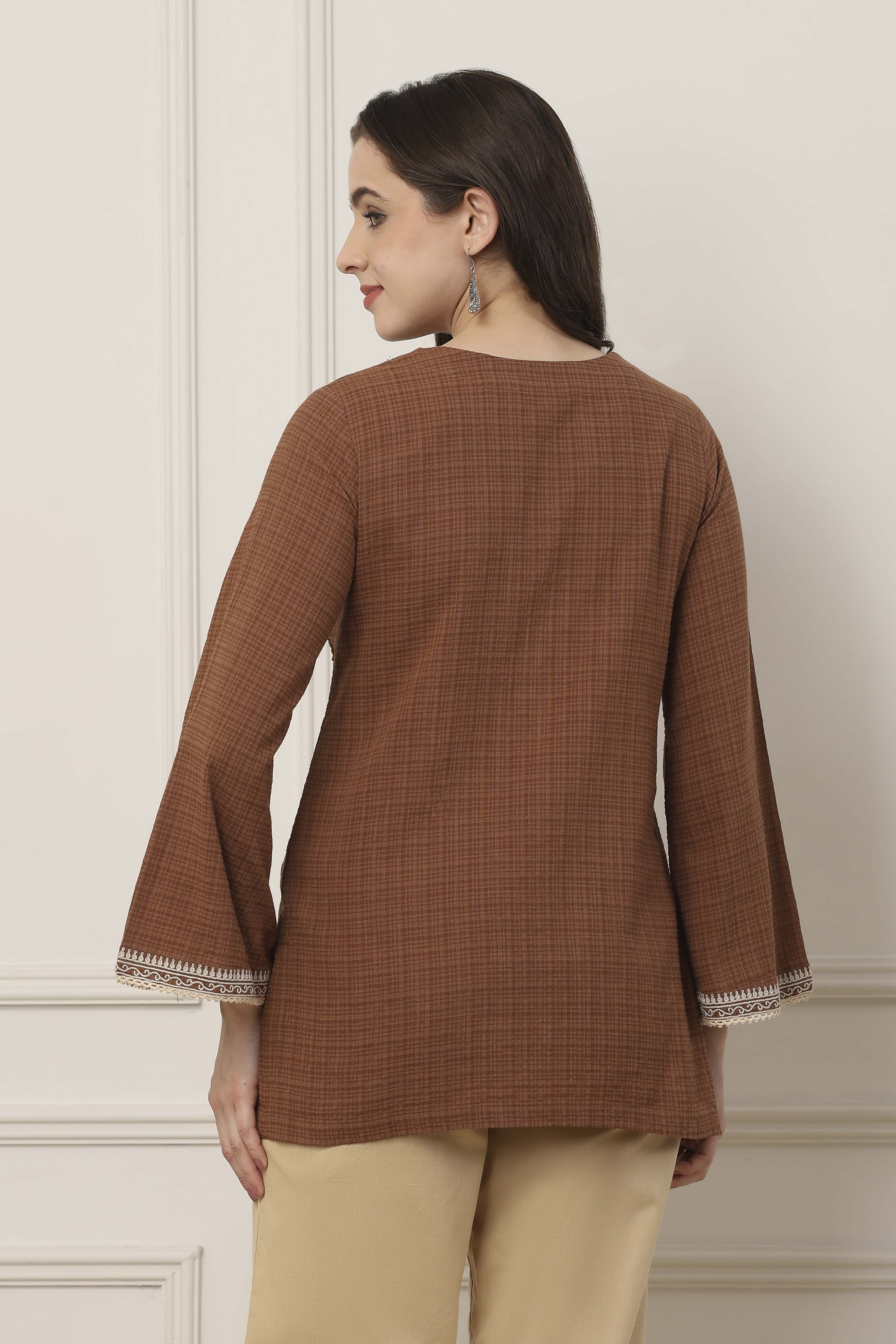Brown Cotton Floral Yoke Embroidered Straight Kurti image number 3