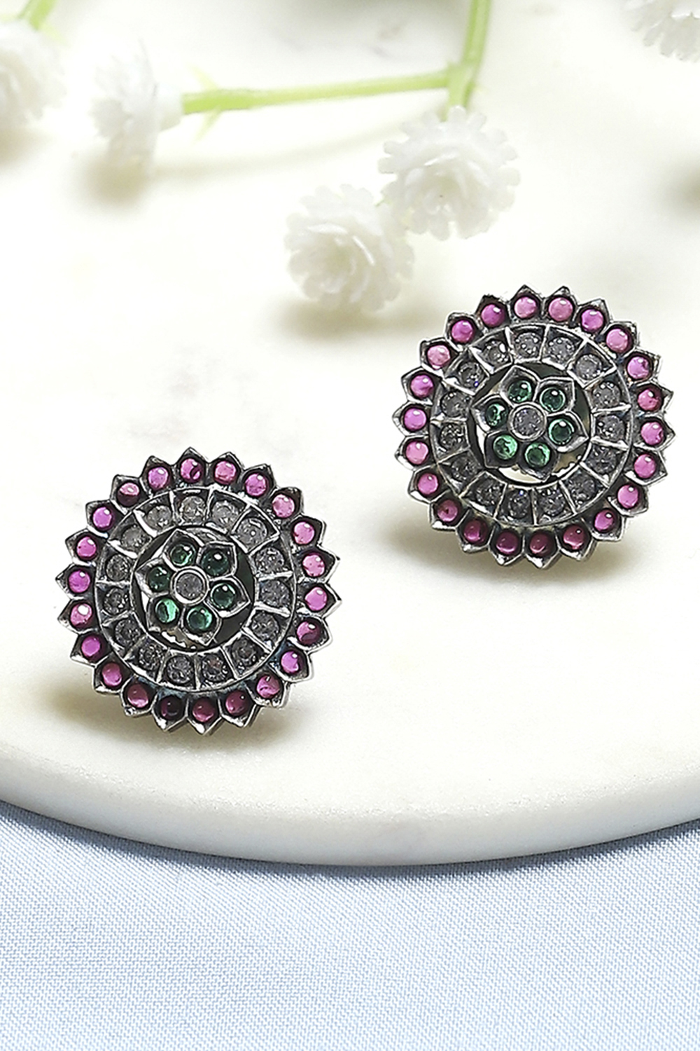 Pink and Green Oxidised Stone-Studded Studs image number 0