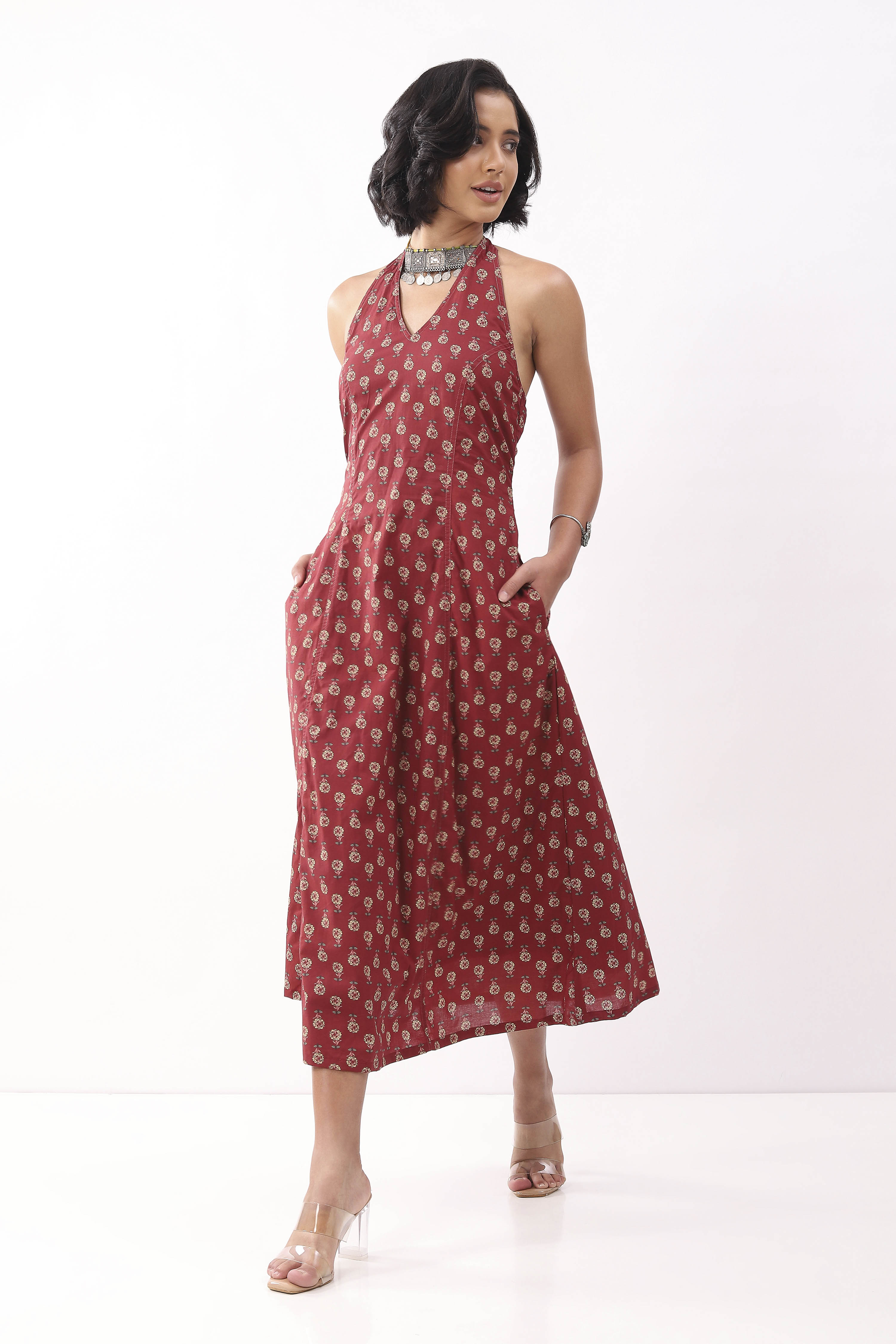 Maroon Cotton Printed A Line Dress image number 2
