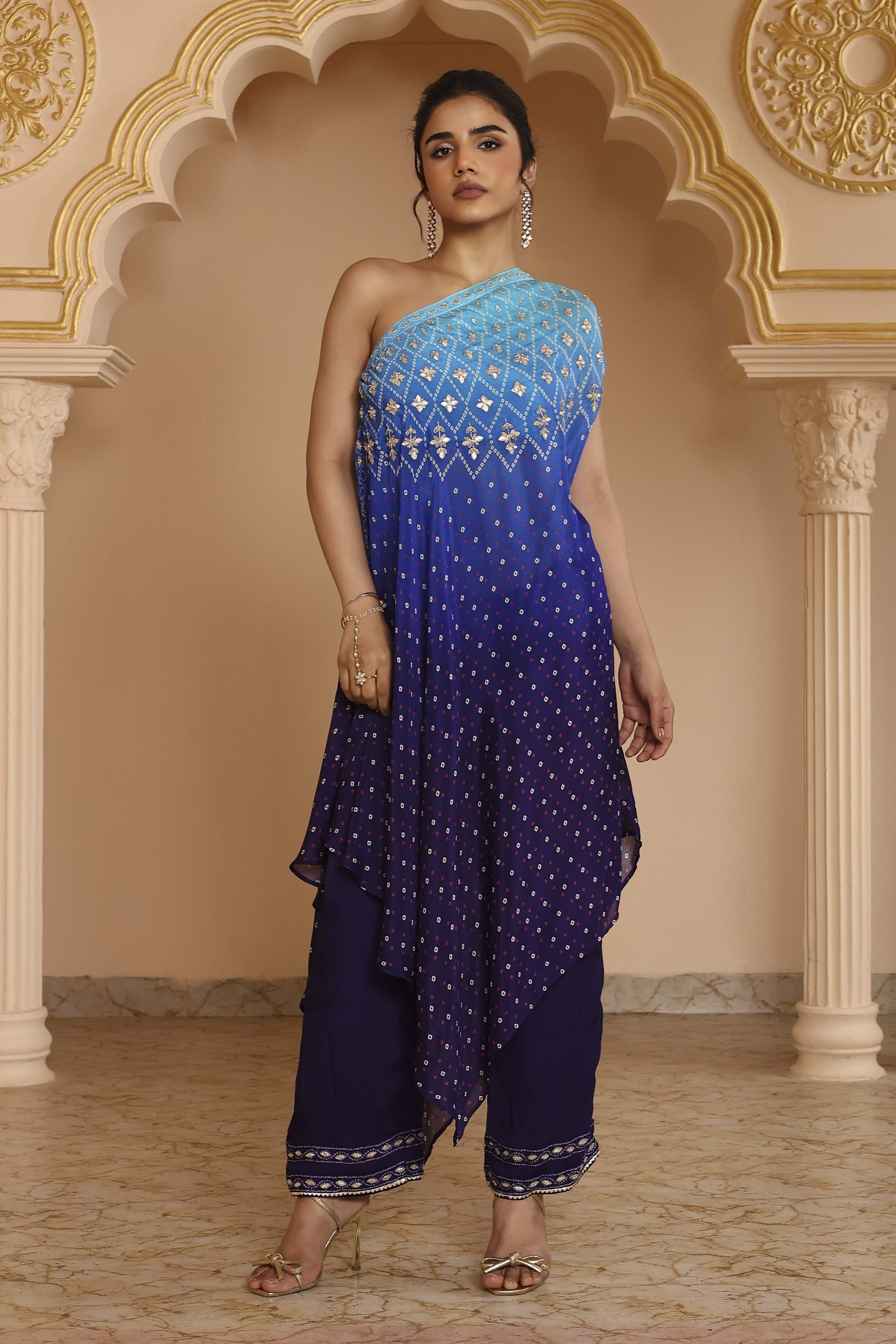 Blue Ombre Pure Chinnon Printed One Shoulder Kurta Set image number 6
