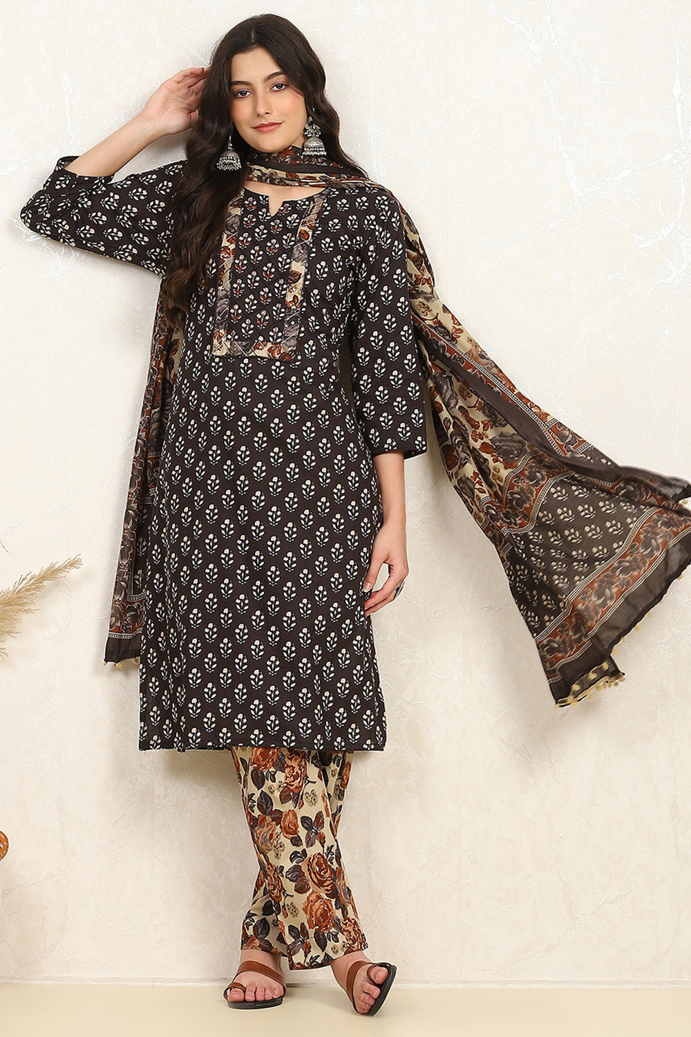 Rust Cotton Unstitched Suit Set image number 1