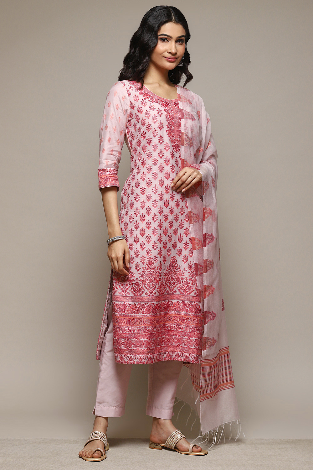 Peach Cotton Blend Straight Yarndyed Kurta Suit Set image number 6