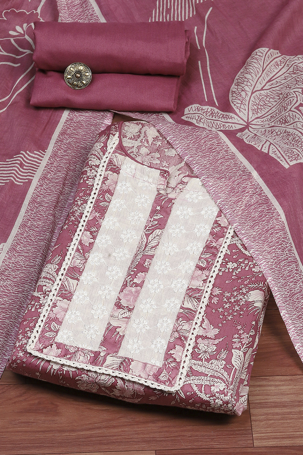 Purple Cotton Unstitched Suit Set image number 0