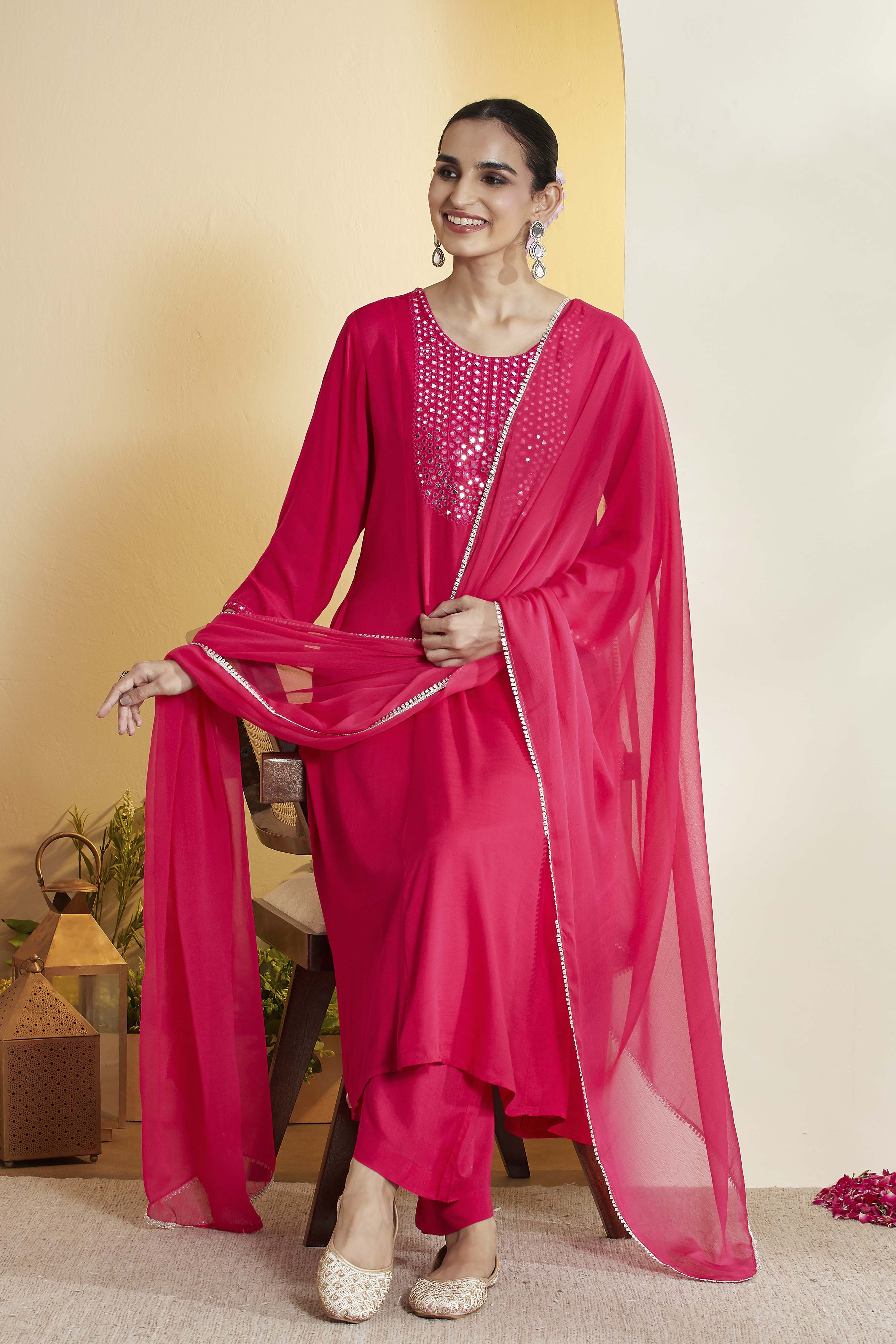 Fuchsia Viscose Rayon Embellished Yoke Straight Kurta Set image number 0