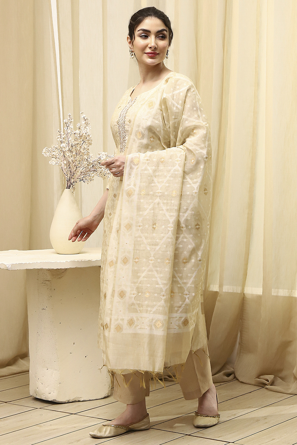 Beige Chanderi Jamdani Unstitched Suit Set image number 5