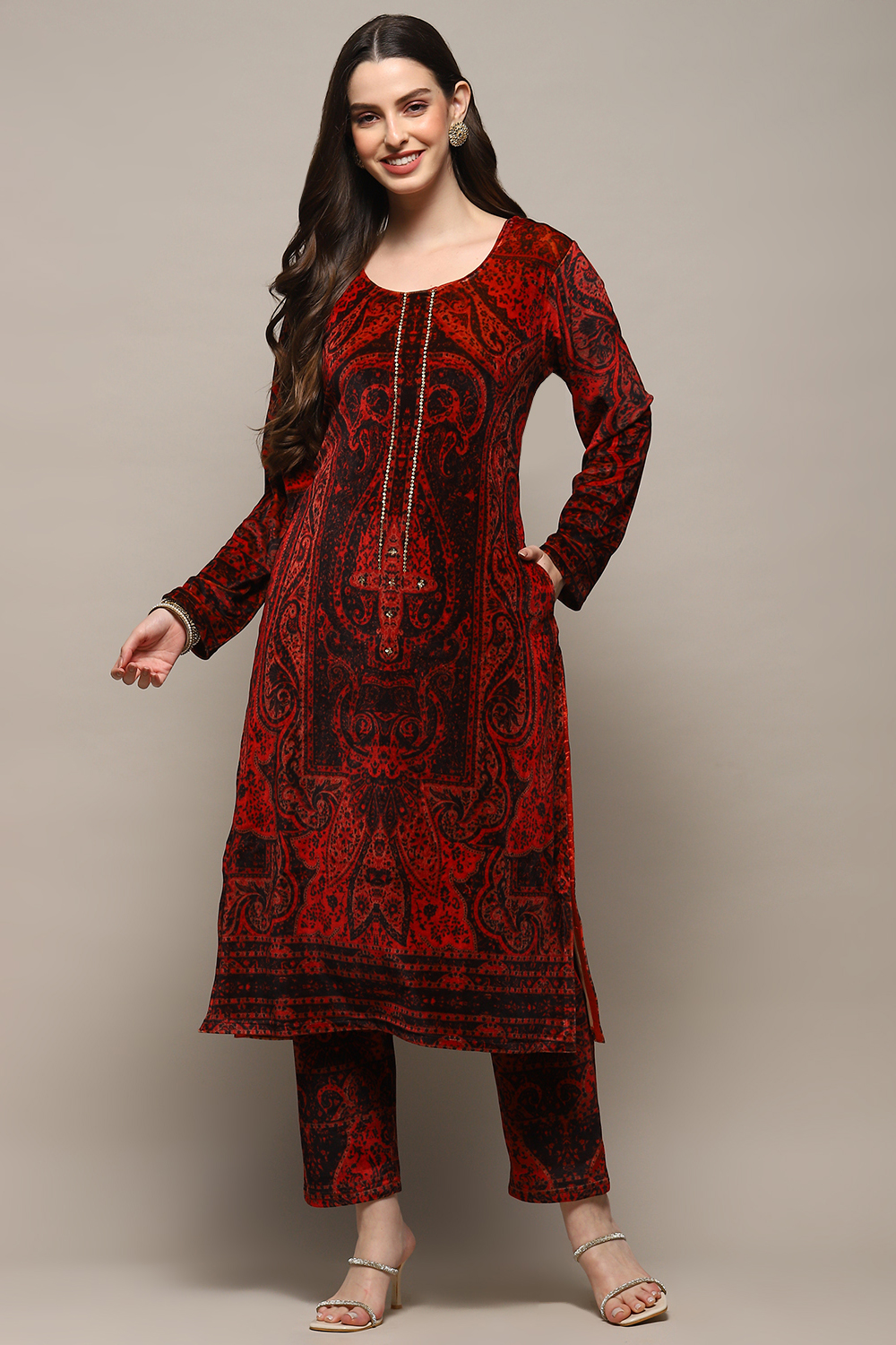 Burnt Orange Polyester Straight Printed Kurta image number 6