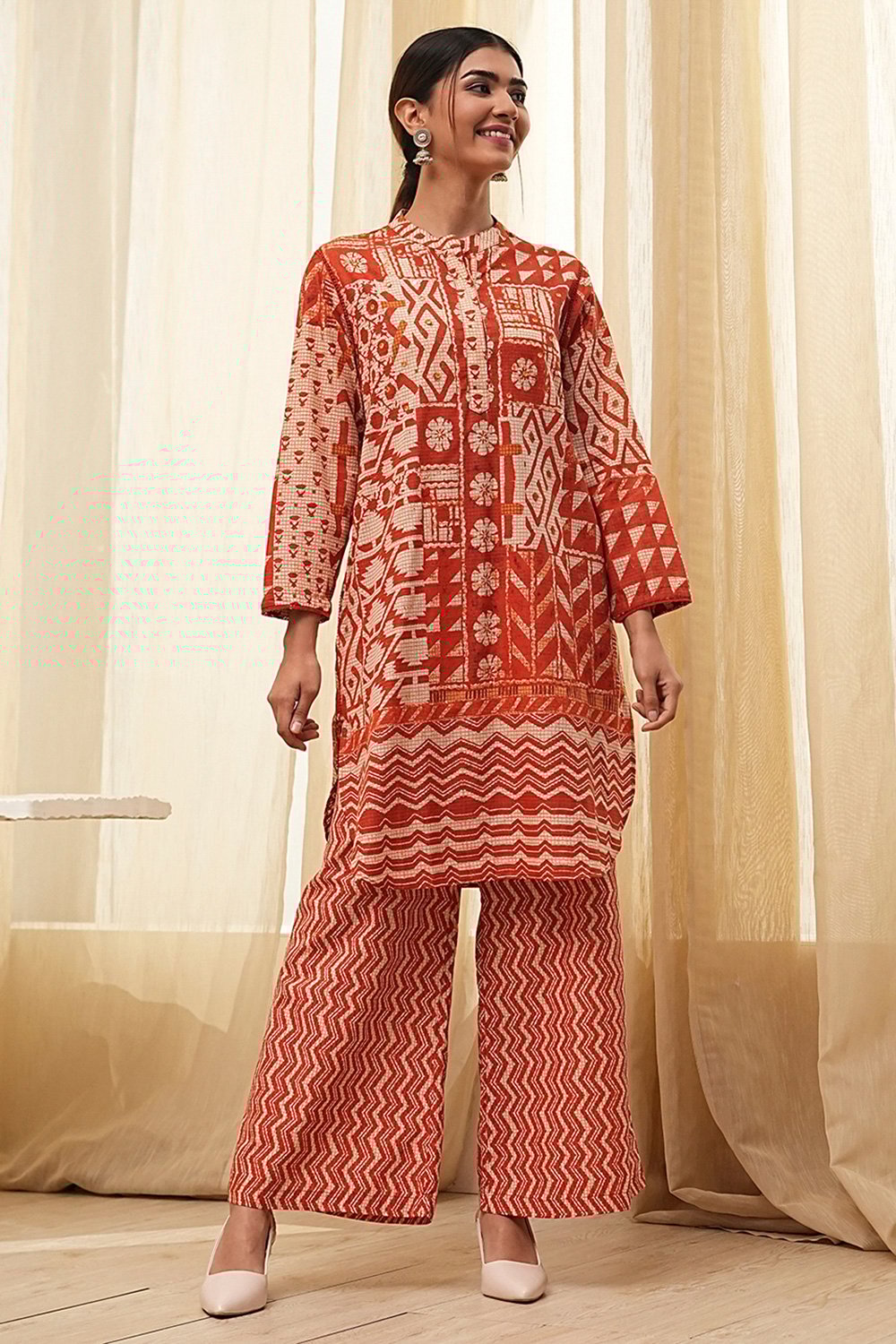 Rust Pure Cotton Printed Kurta Set image number 6